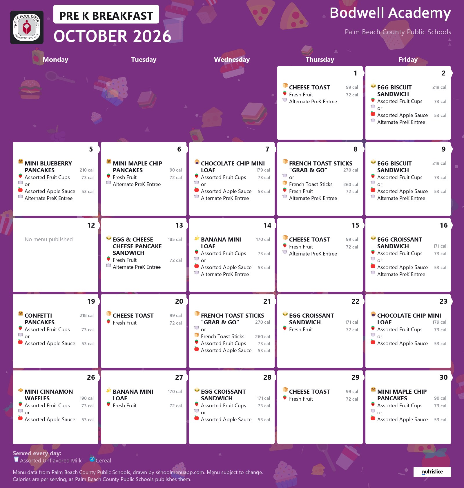 Bodwell Academy pre k breakfast menu for October 2026, Palm Beach County Public Schools