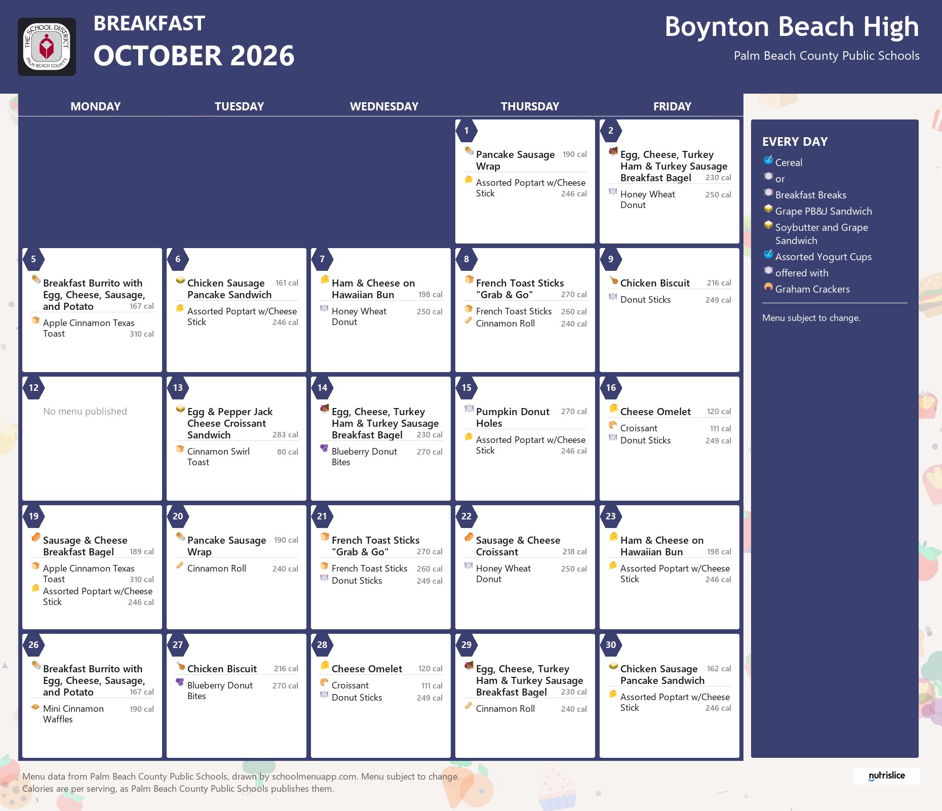 Boynton Beach High breakfast menu for October 2026, Palm Beach County Public Schools