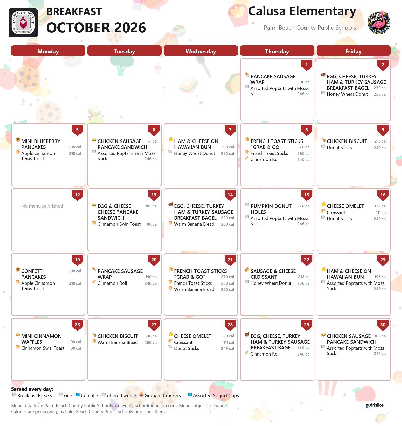 Calusa Elementary breakfast menu for October 2026, Palm Beach County Public Schools