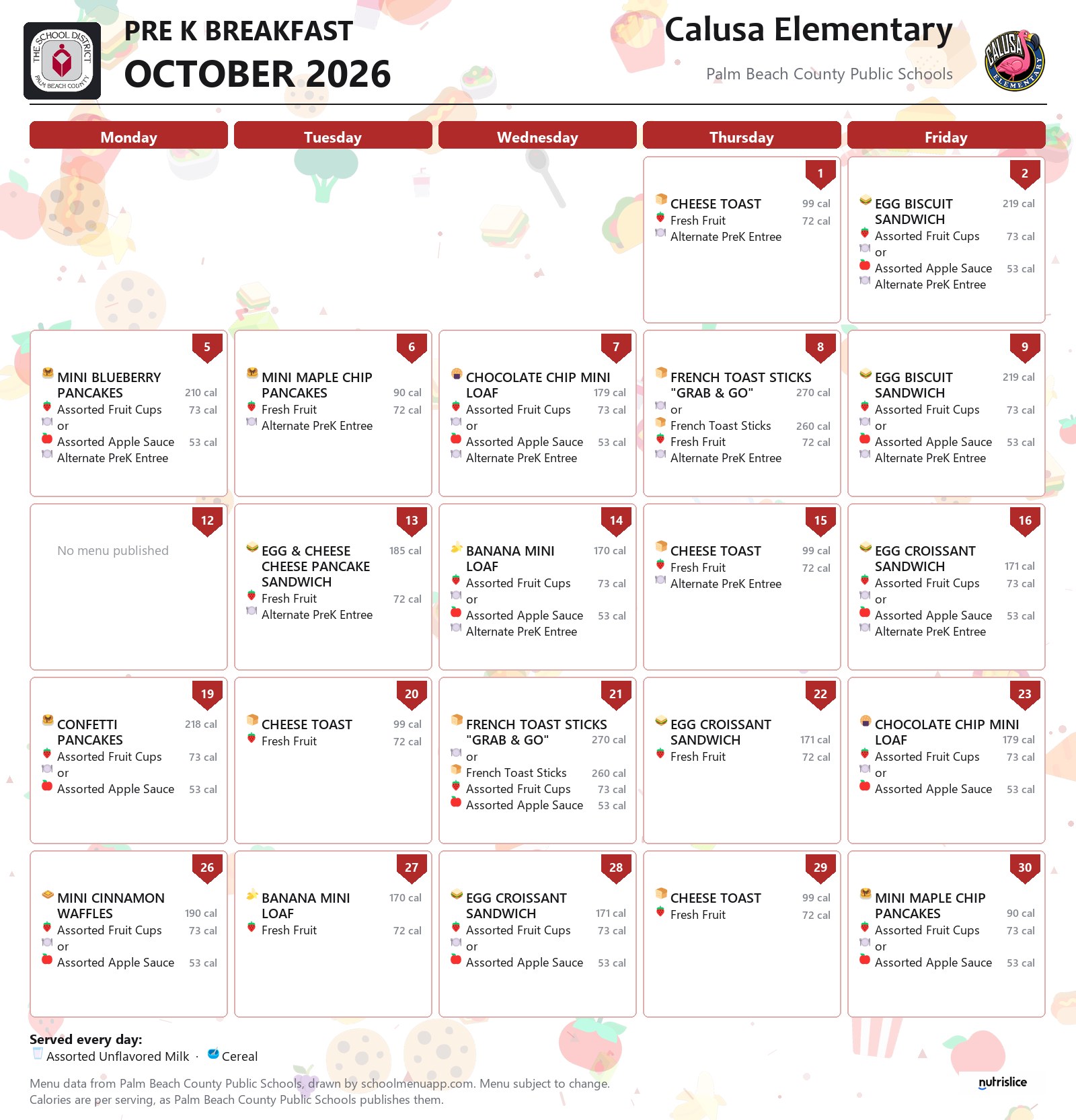 Calusa Elementary pre k breakfast menu for October 2026, Palm Beach County Public Schools