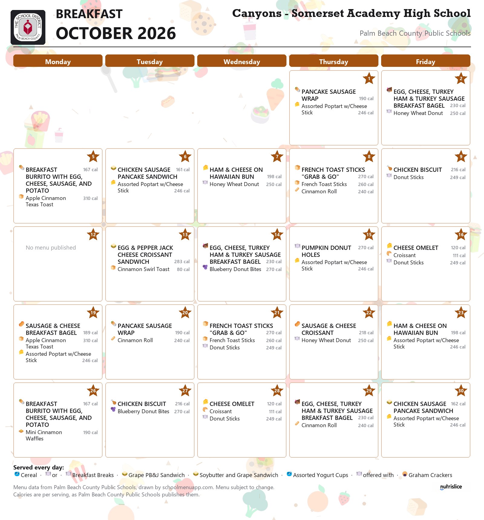 Canyons - Somerset Academy High School breakfast menu for October 2026, Palm Beach County Public Schools