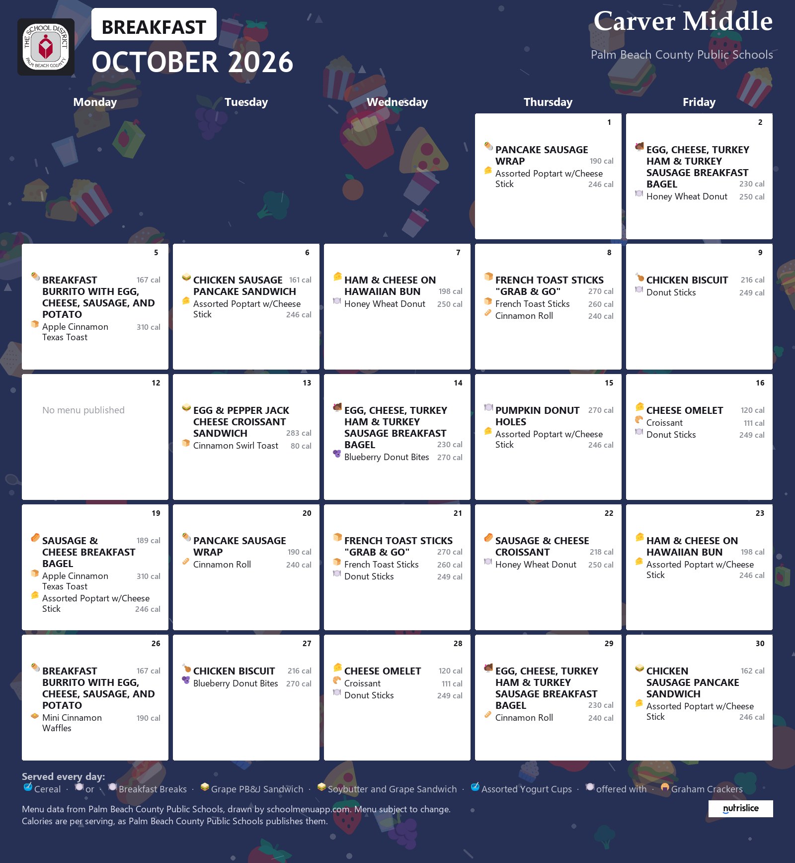 Carver Middle breakfast menu for October 2026, Palm Beach County Public Schools