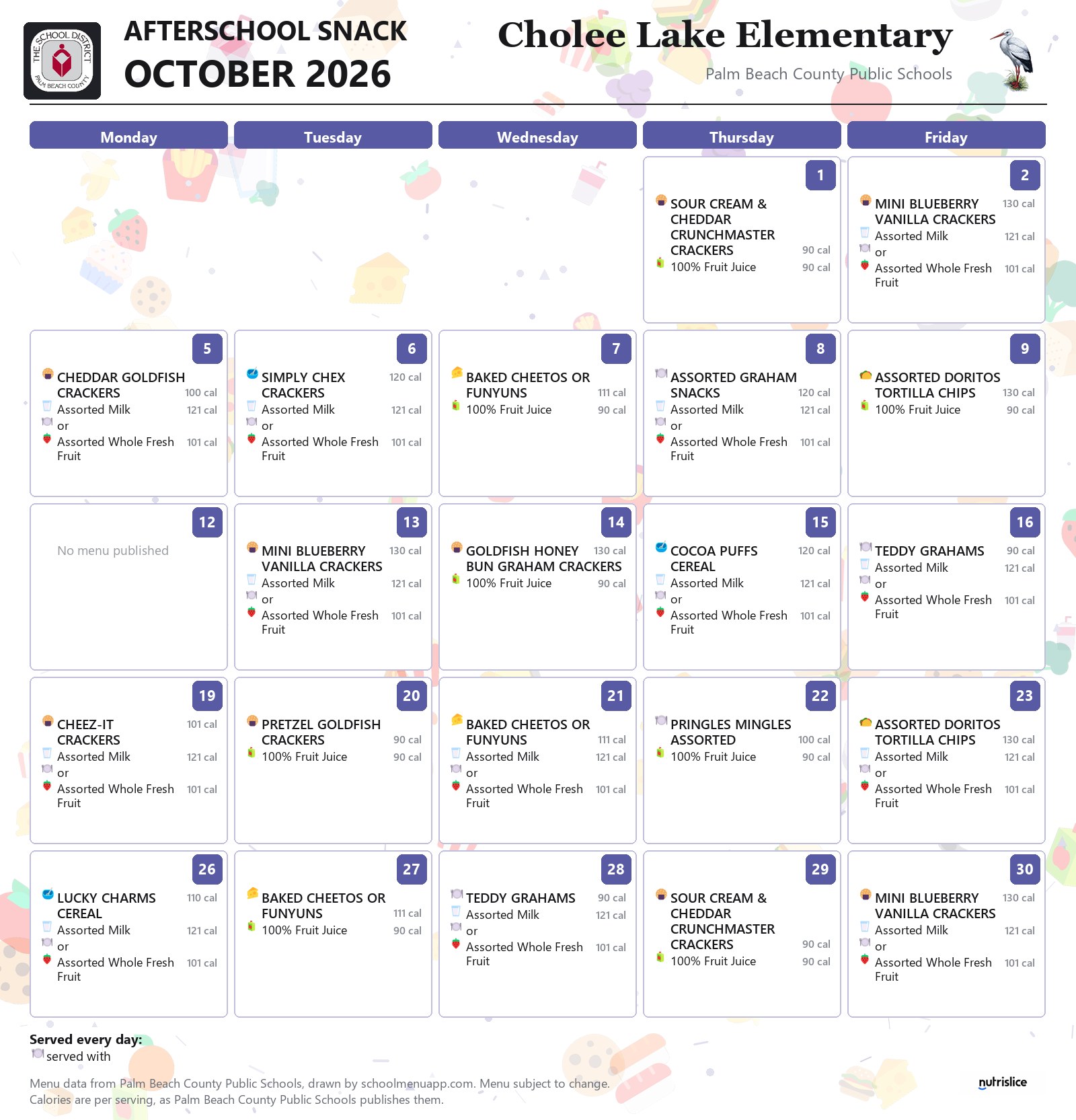 Cholee Lake Elementary afterschool snack menu for October 2026, Palm Beach County Public Schools
