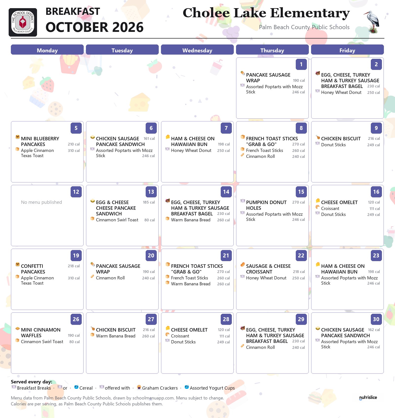 Cholee Lake Elementary breakfast menu for October 2026, Palm Beach County Public Schools