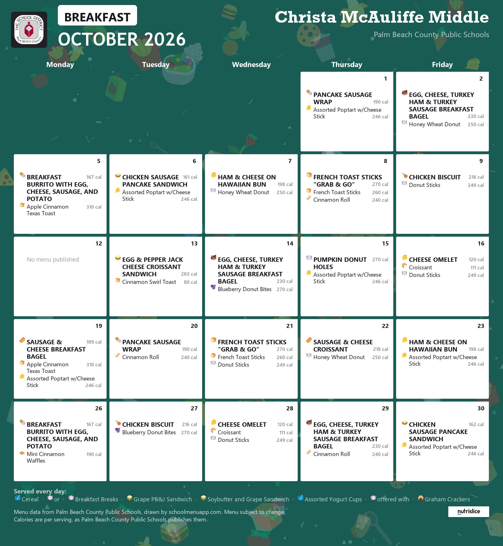 Christa McAuliffe Middle breakfast menu for October 2026, Palm Beach County Public Schools