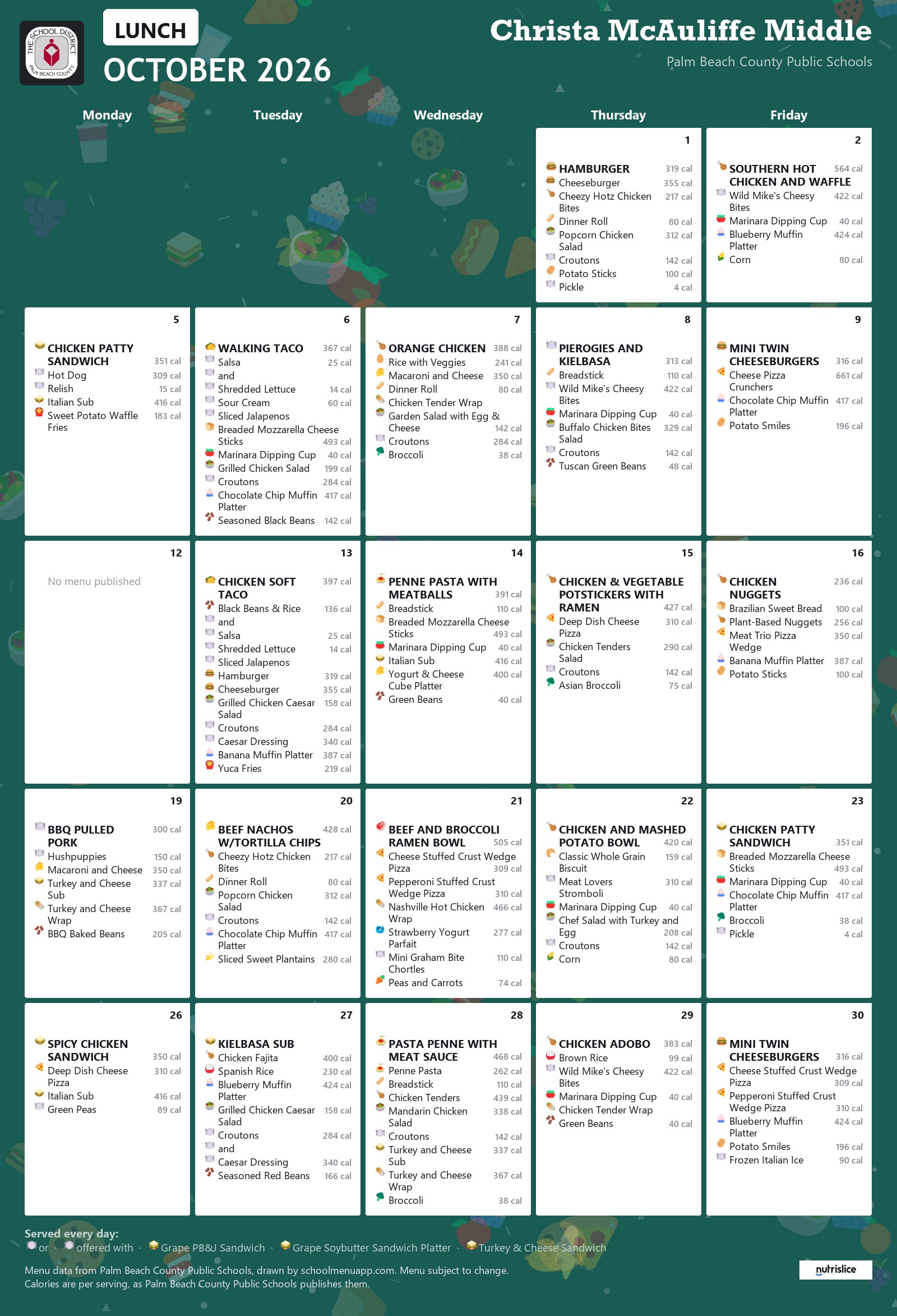 Christa McAuliffe Middle lunch menu for October 2026, Palm Beach County Public Schools