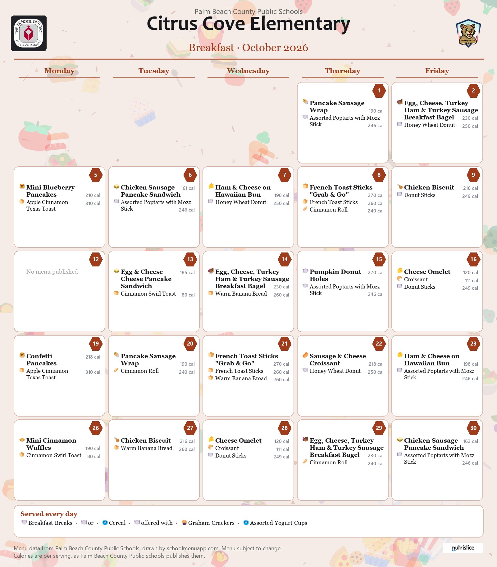Citrus Cove Elementary breakfast menu for October 2026, Palm Beach County Public Schools