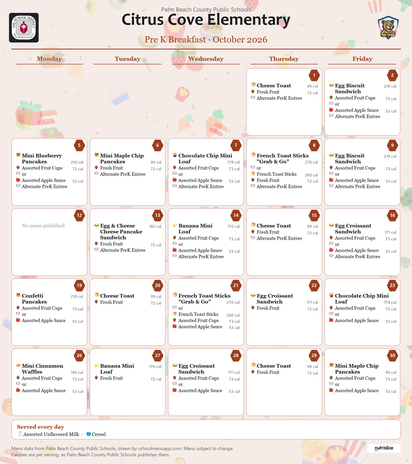 Citrus Cove Elementary pre k breakfast menu for October 2026, Palm Beach County Public Schools