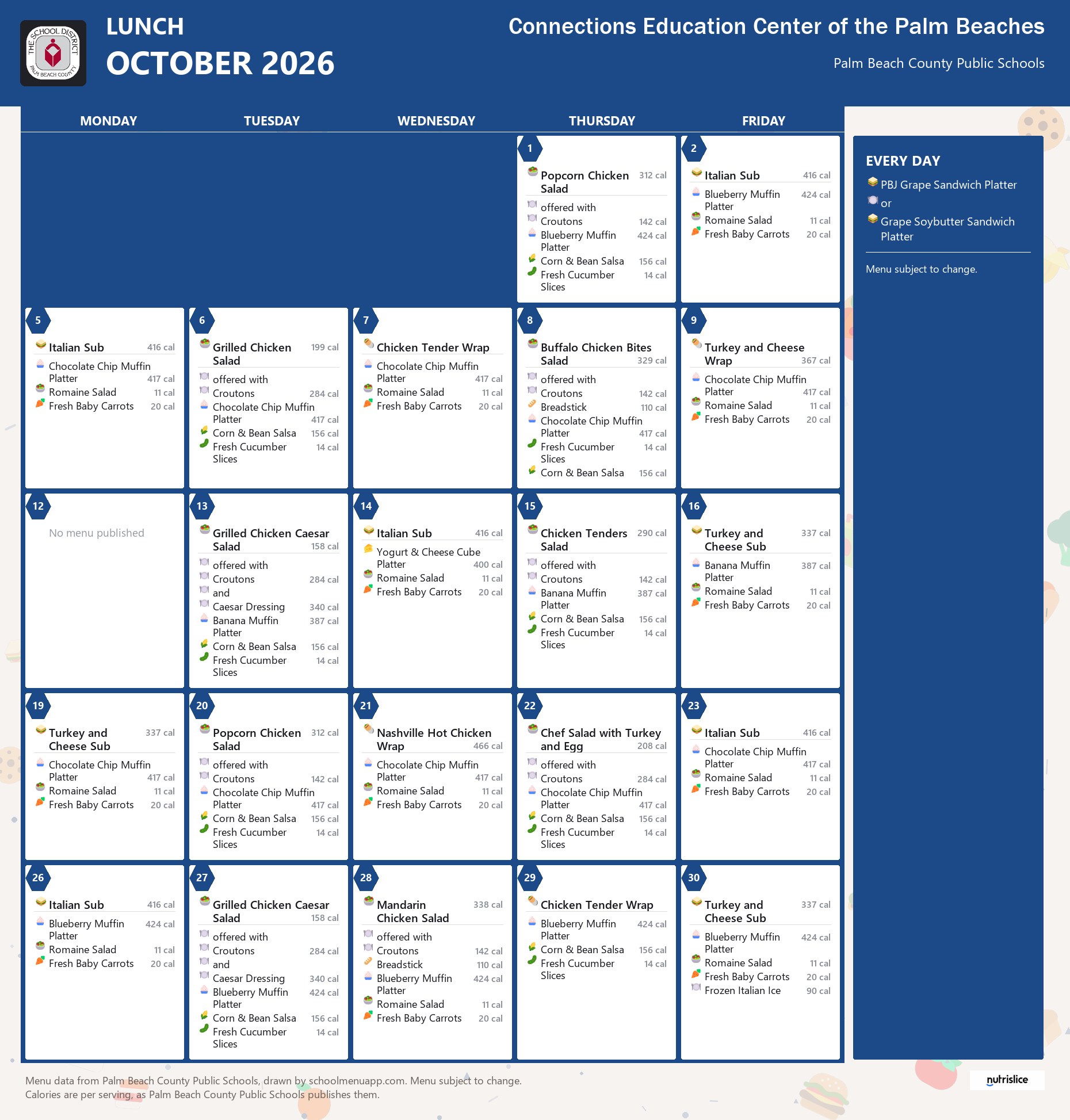 Connections Education Center of the Palm Beaches lunch menu for October 2026, Palm Beach County Public Schools