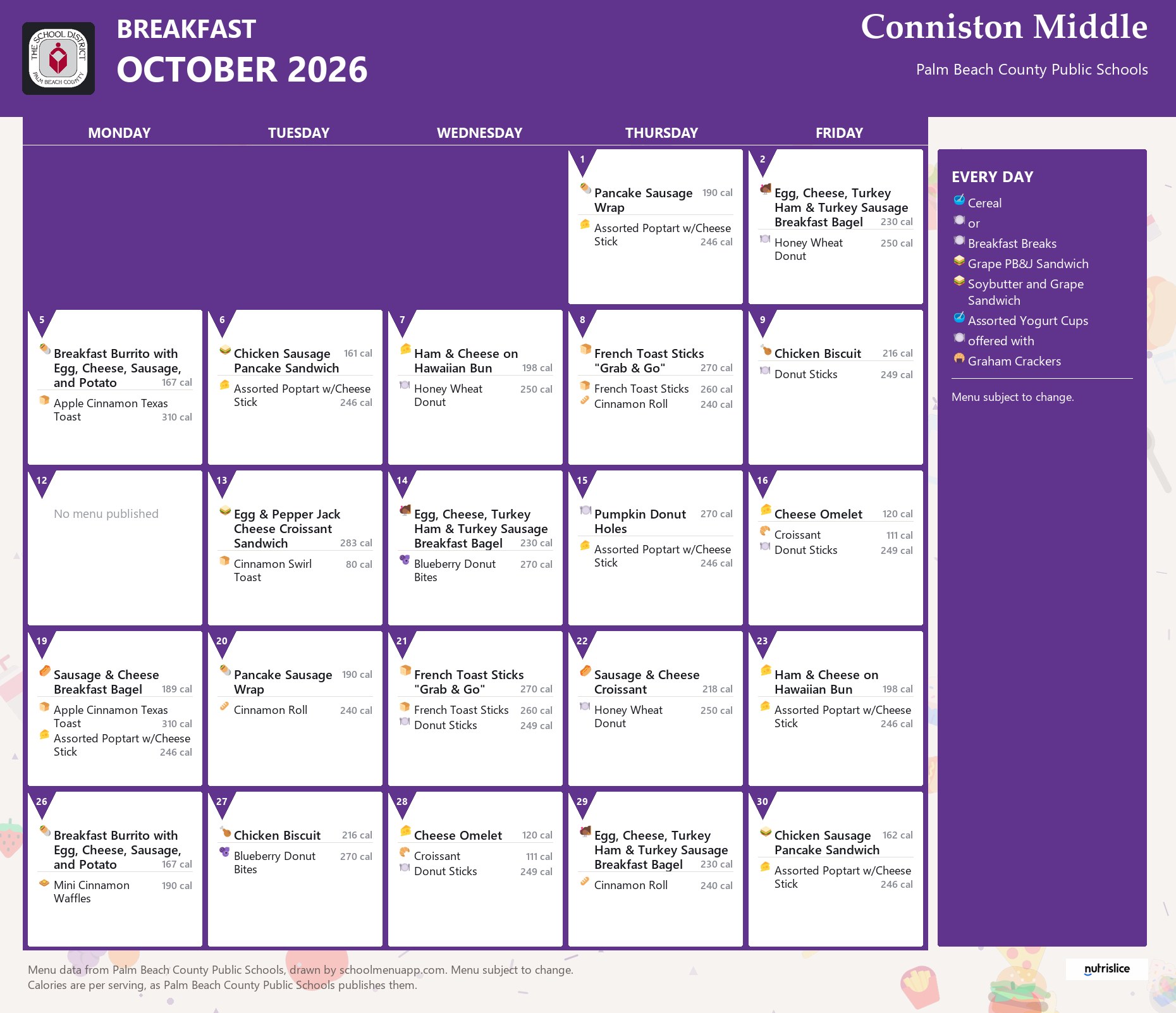 Conniston Middle breakfast menu for October 2026, Palm Beach County Public Schools