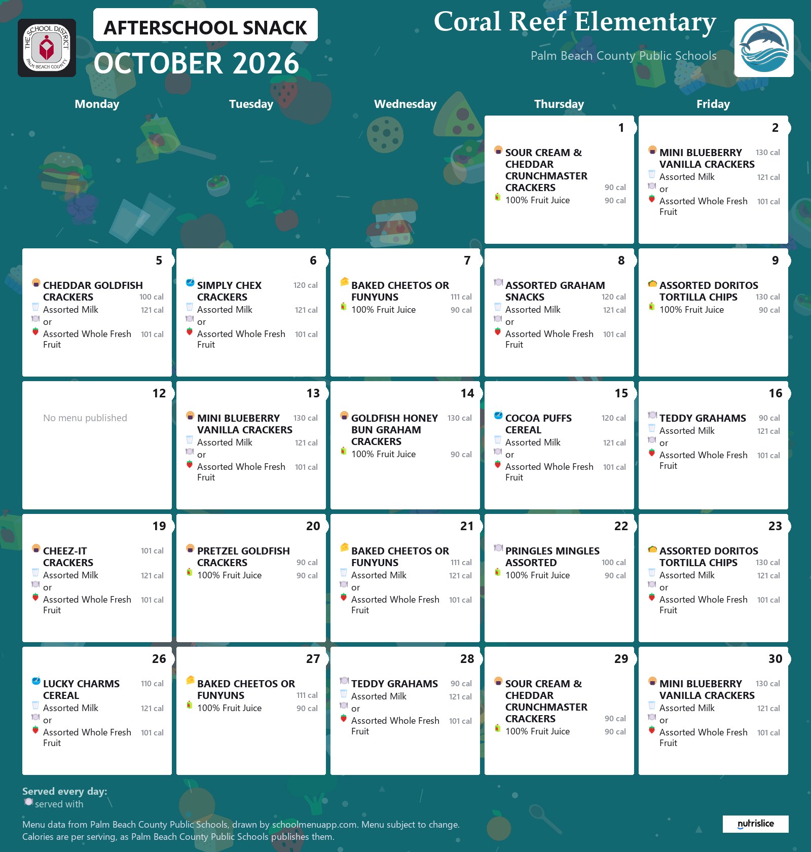 Coral Reef Elementary afterschool snack menu for October 2026, Palm Beach County Public Schools