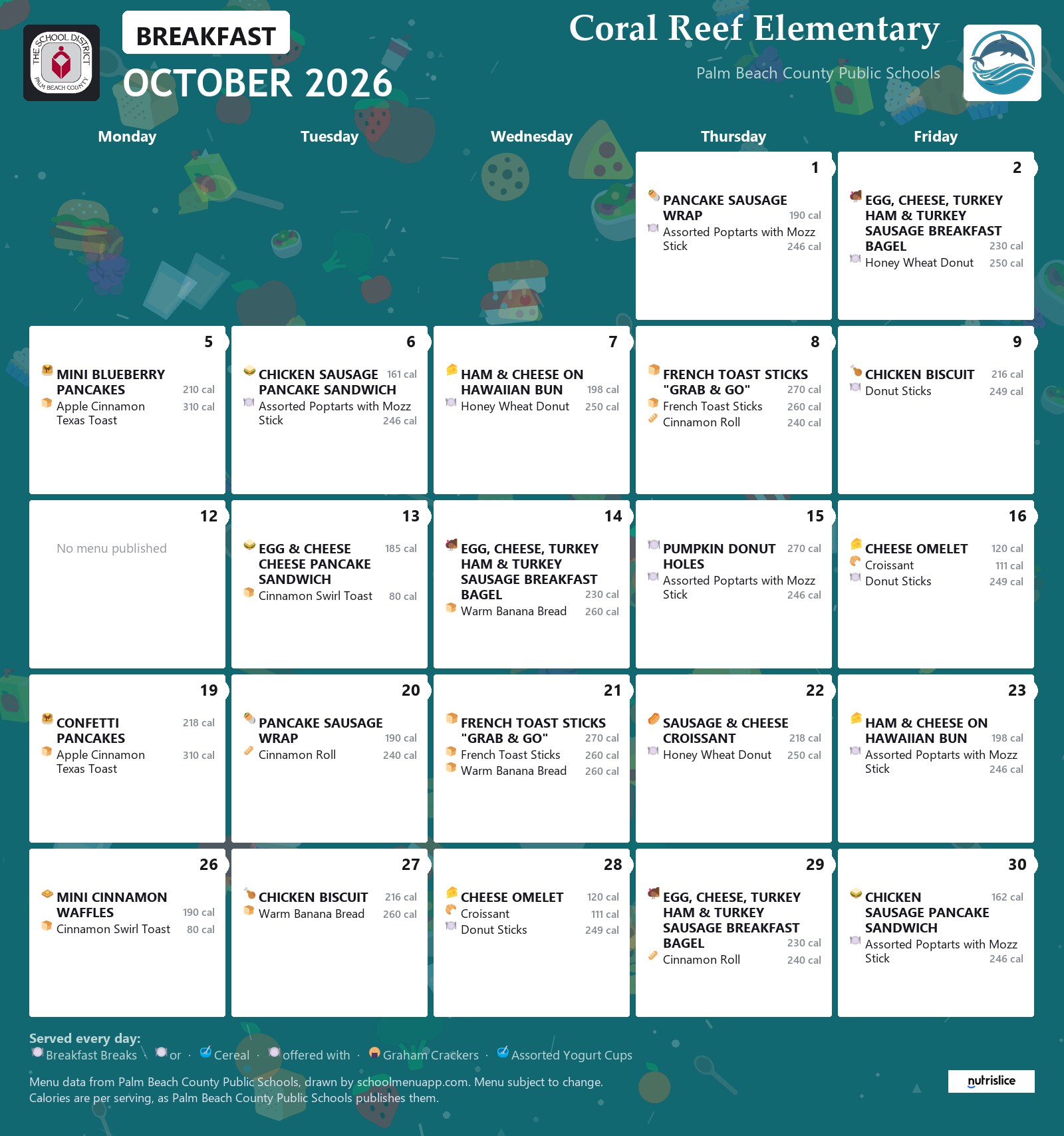 Coral Reef Elementary breakfast menu for October 2026, Palm Beach County Public Schools