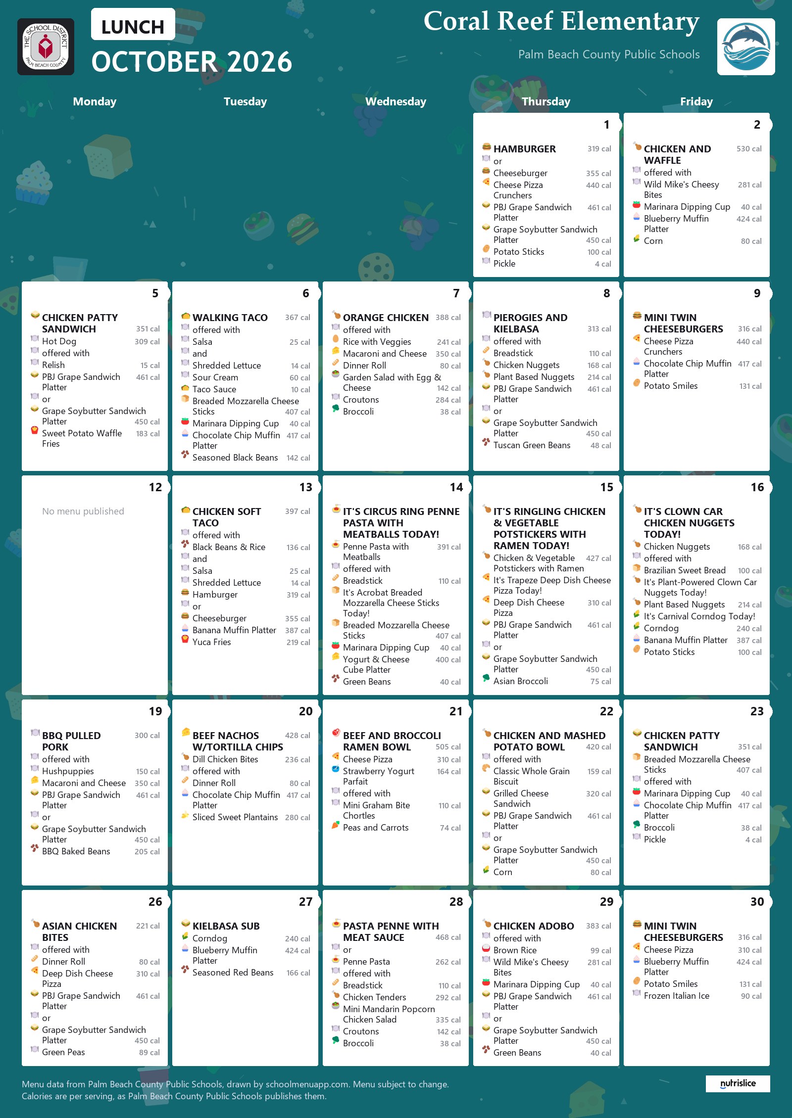 Coral Reef Elementary lunch menu for October 2026, Palm Beach County Public Schools