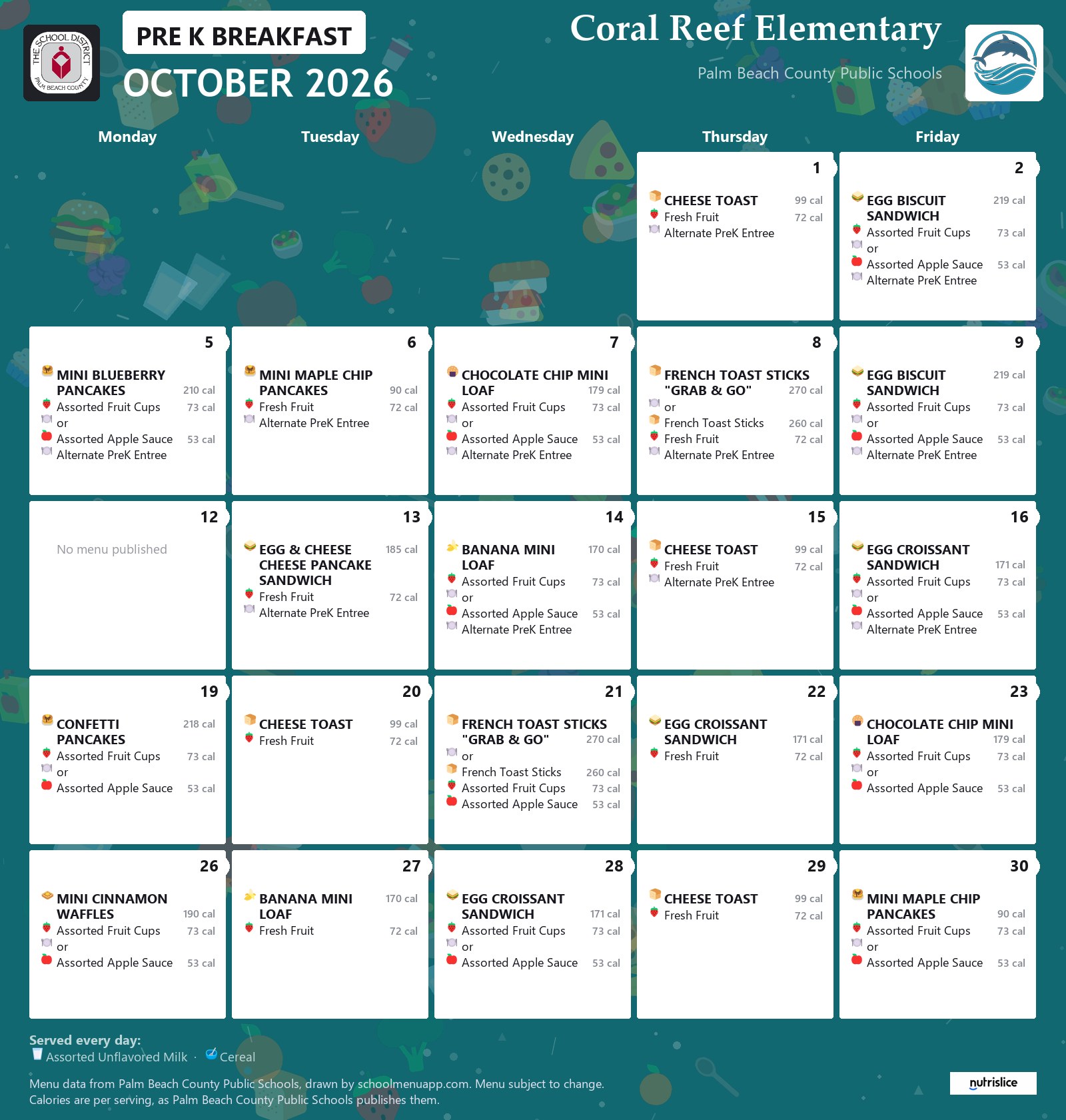 Coral Reef Elementary pre k breakfast menu for October 2026, Palm Beach County Public Schools