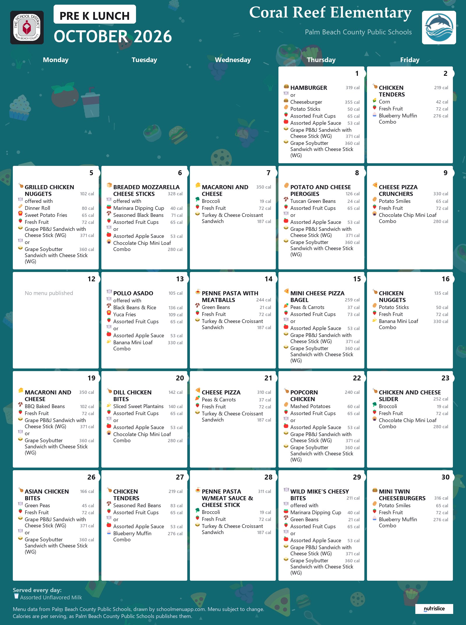 Coral Reef Elementary pre k lunch menu for October 2026, Palm Beach County Public Schools