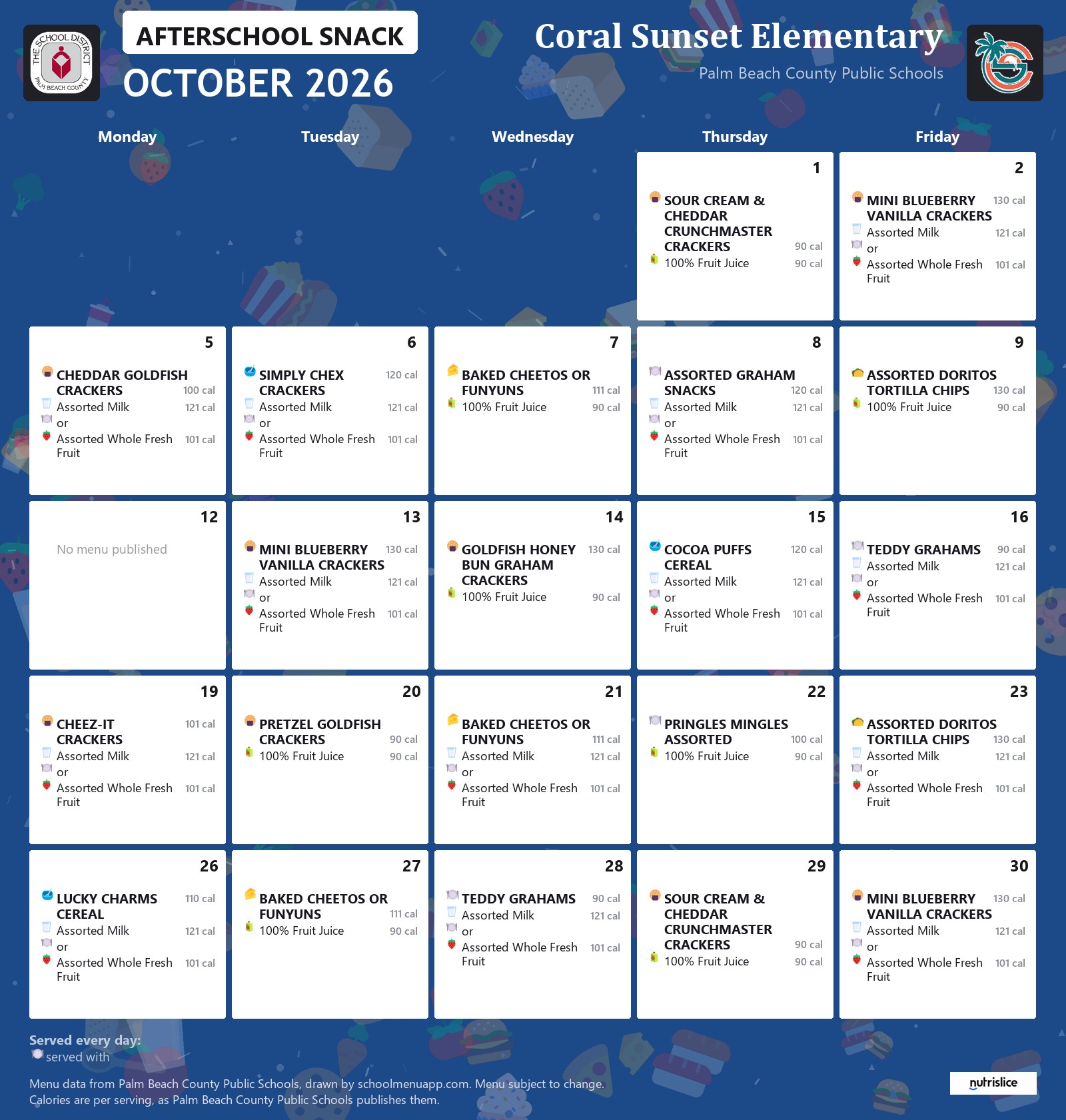 Coral Sunset Elementary afterschool snack menu for October 2026, Palm Beach County Public Schools