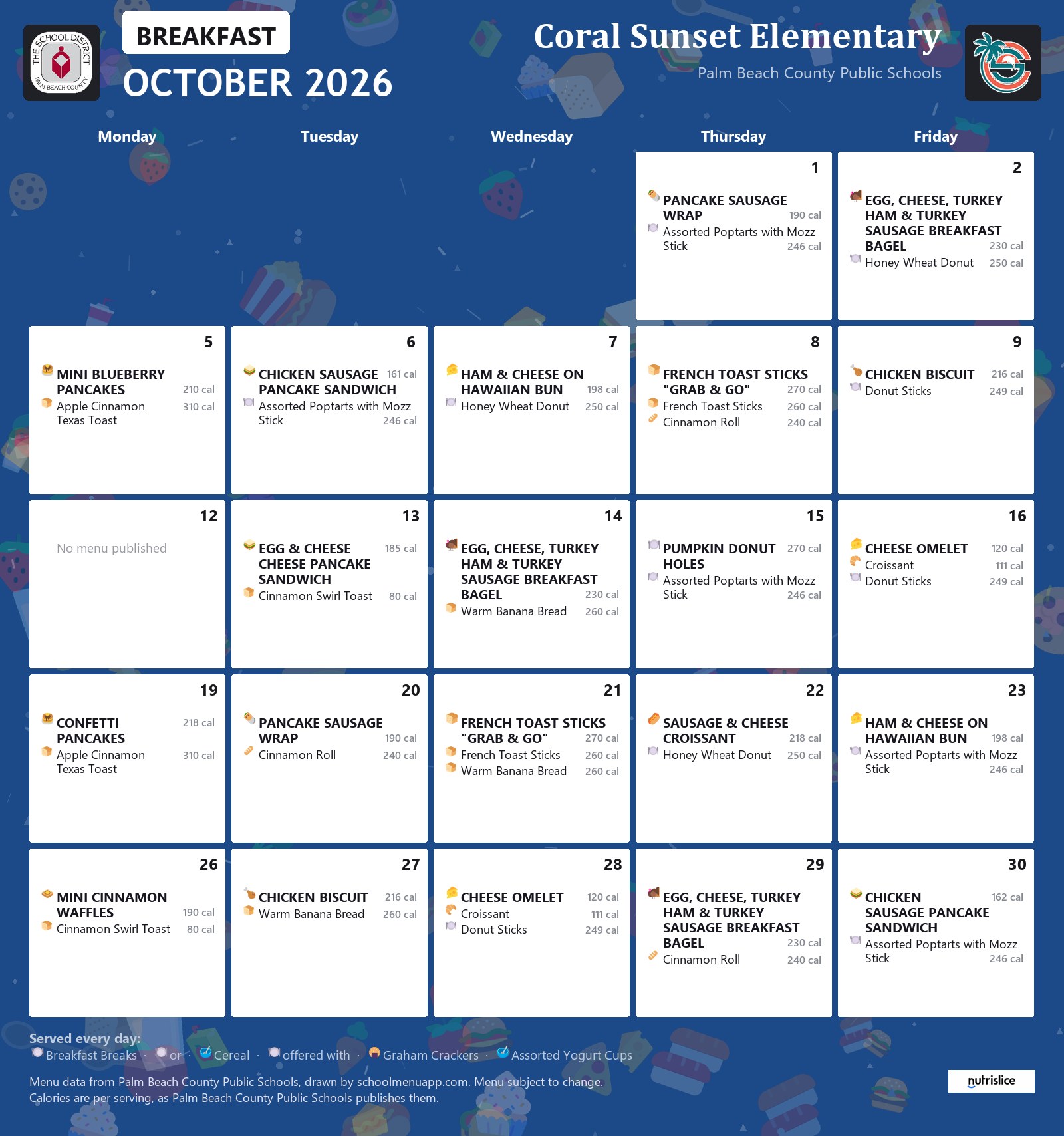 Coral Sunset Elementary breakfast menu for October 2026, Palm Beach County Public Schools