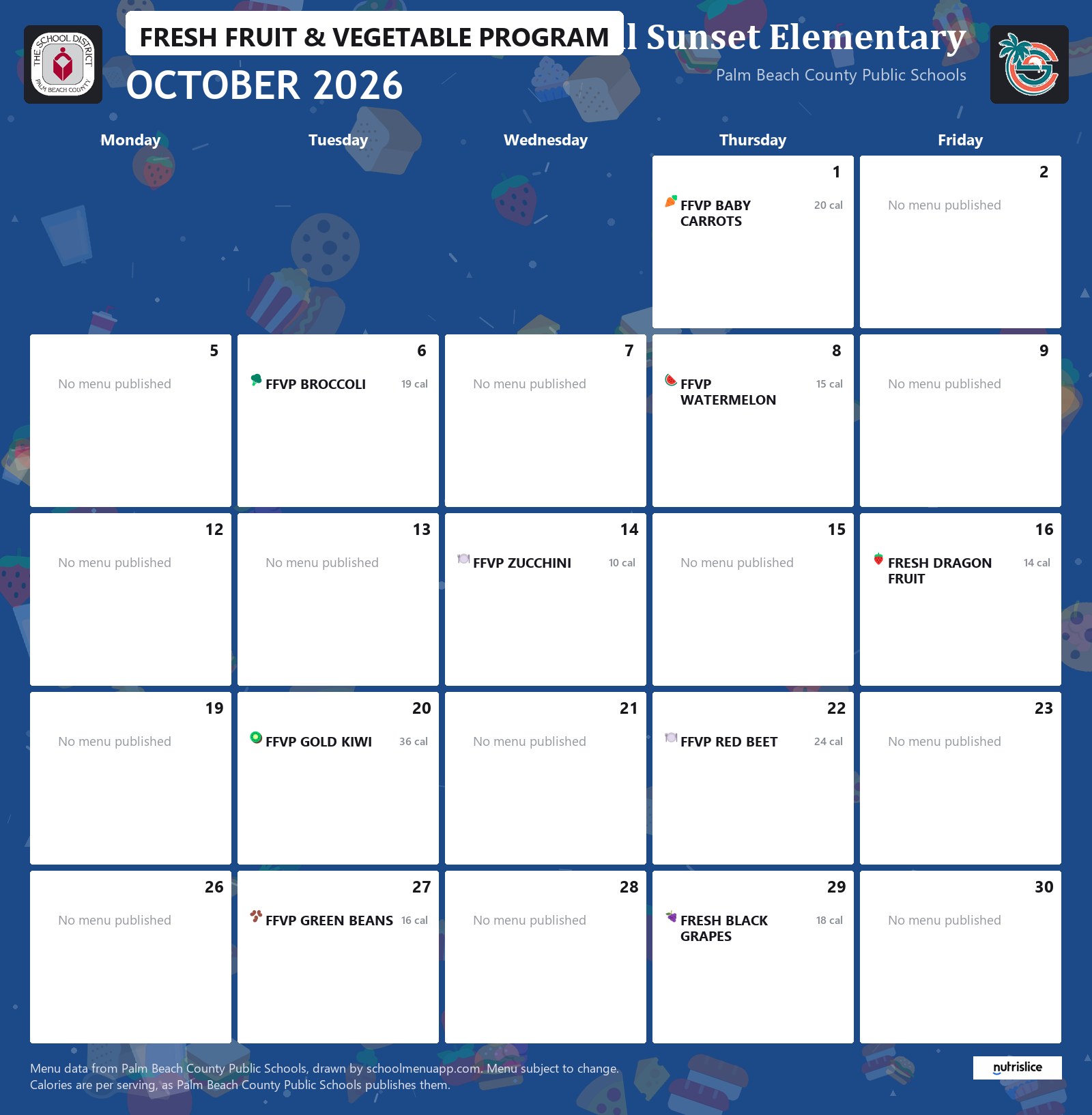 Coral Sunset Elementary fresh fruit & vegetable program menu for October 2026, Palm Beach County Public Schools