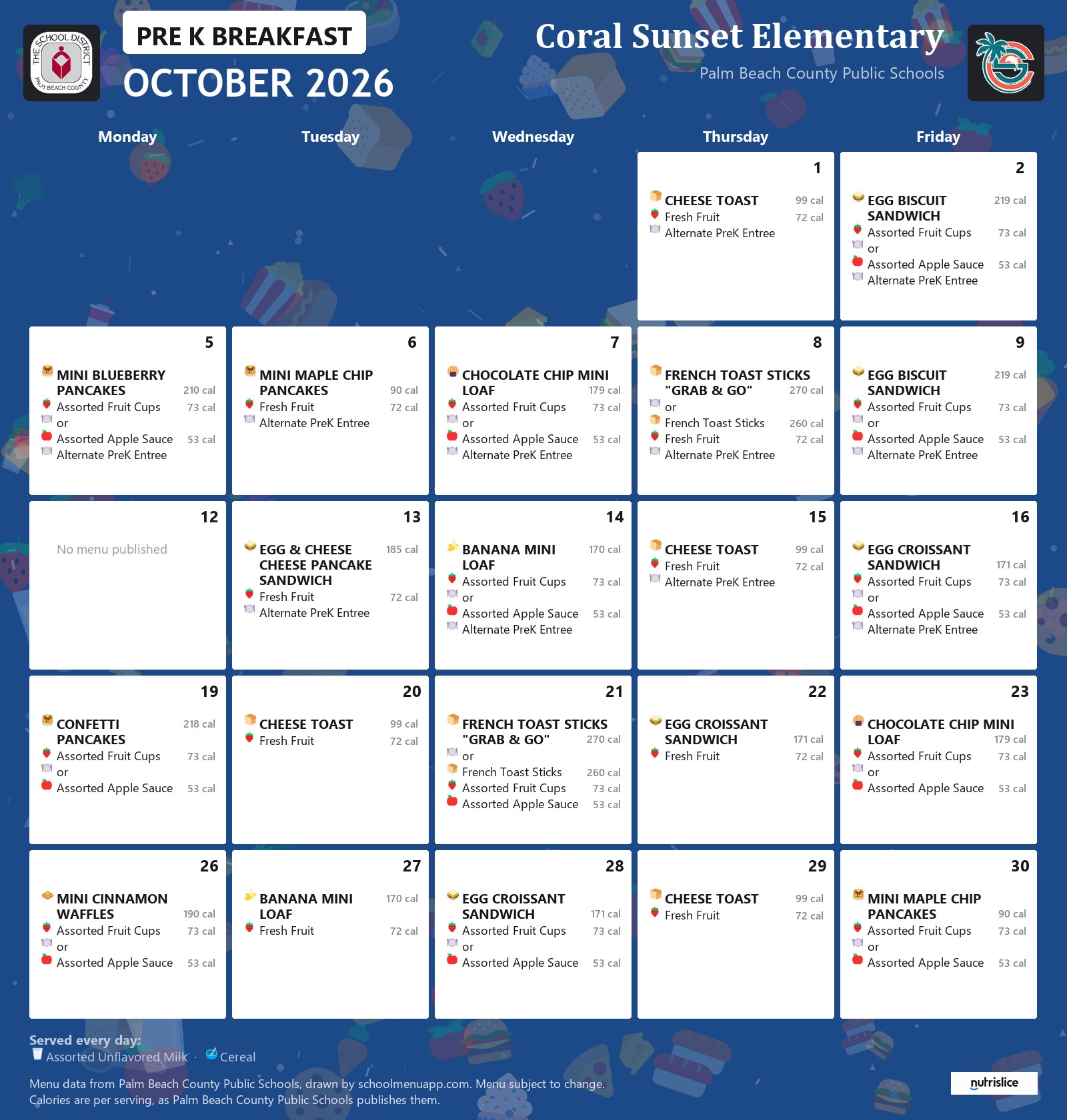 Coral Sunset Elementary pre k breakfast menu for October 2026, Palm Beach County Public Schools