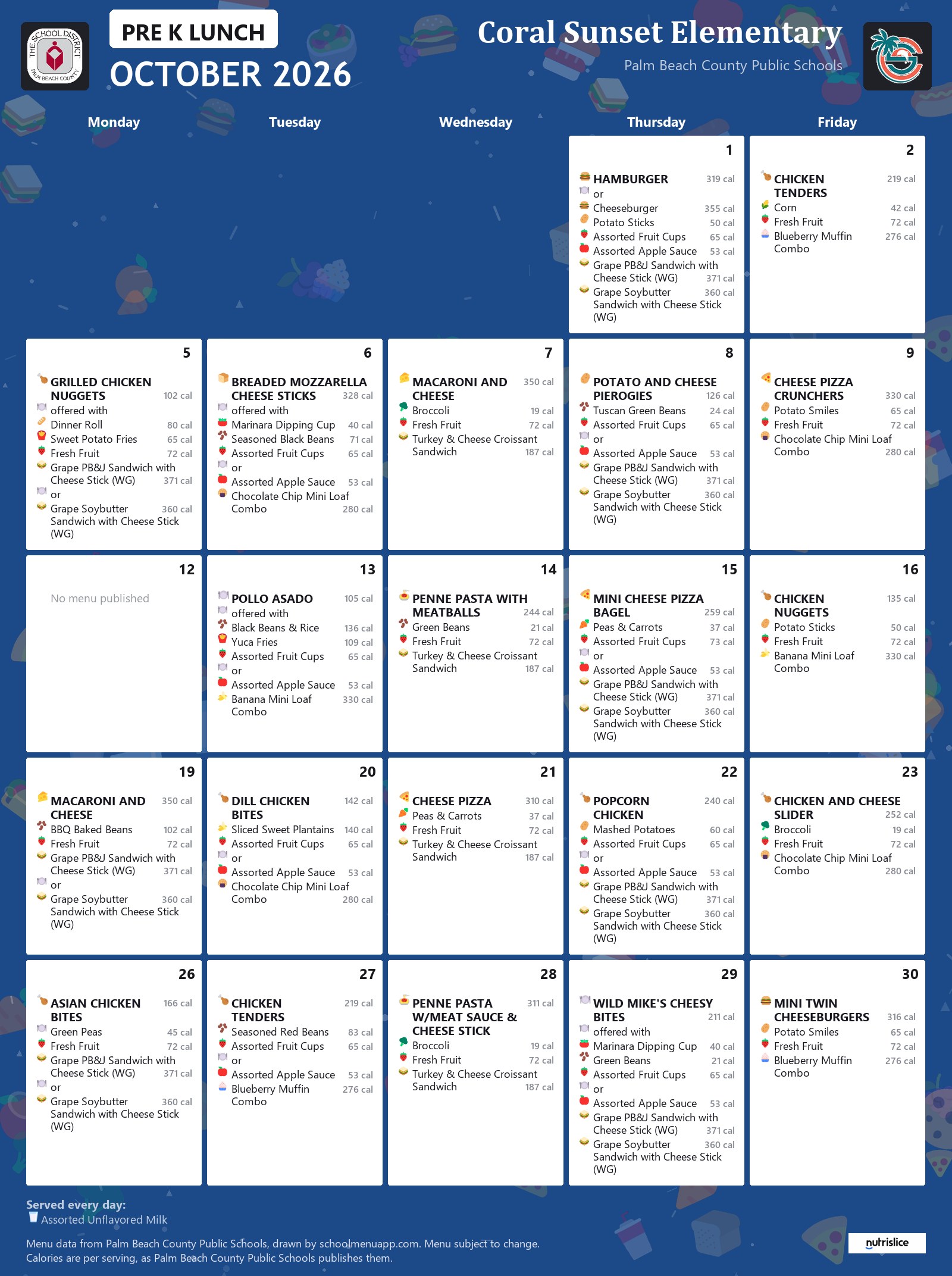 Coral Sunset Elementary pre k lunch menu for October 2026, Palm Beach County Public Schools