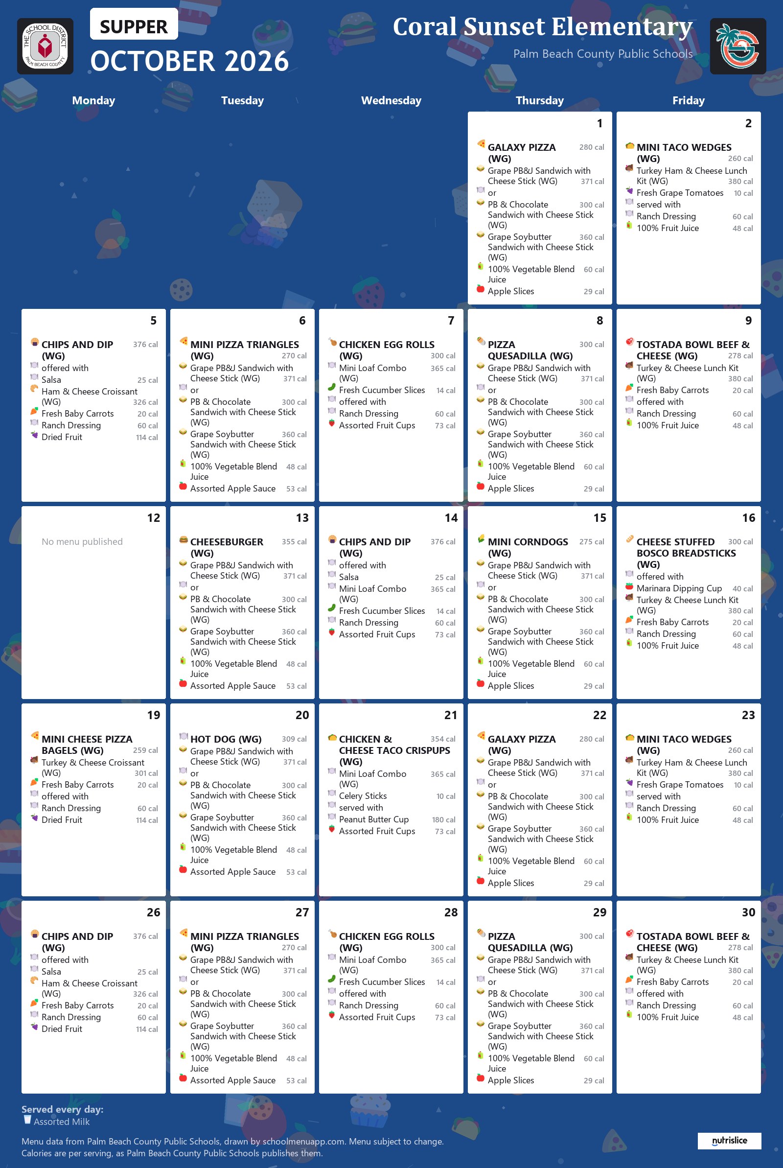 Coral Sunset Elementary supper menu for October 2026, Palm Beach County Public Schools