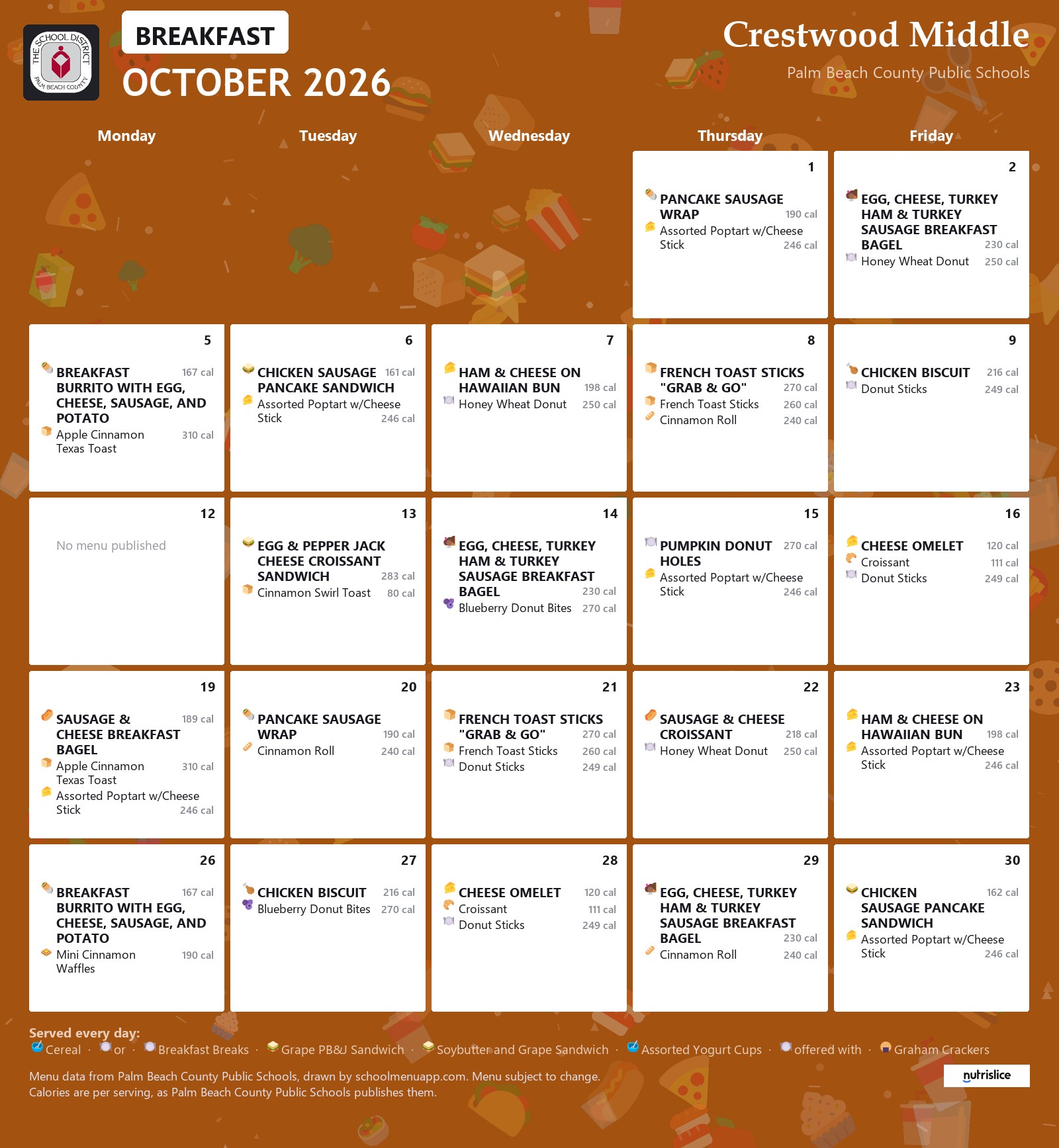 Crestwood Middle breakfast menu for October 2026, Palm Beach County Public Schools