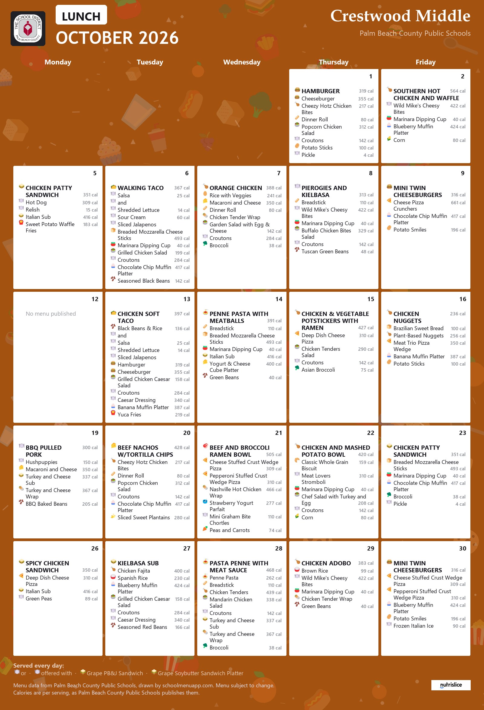 Crestwood Middle lunch menu for October 2026, Palm Beach County Public Schools