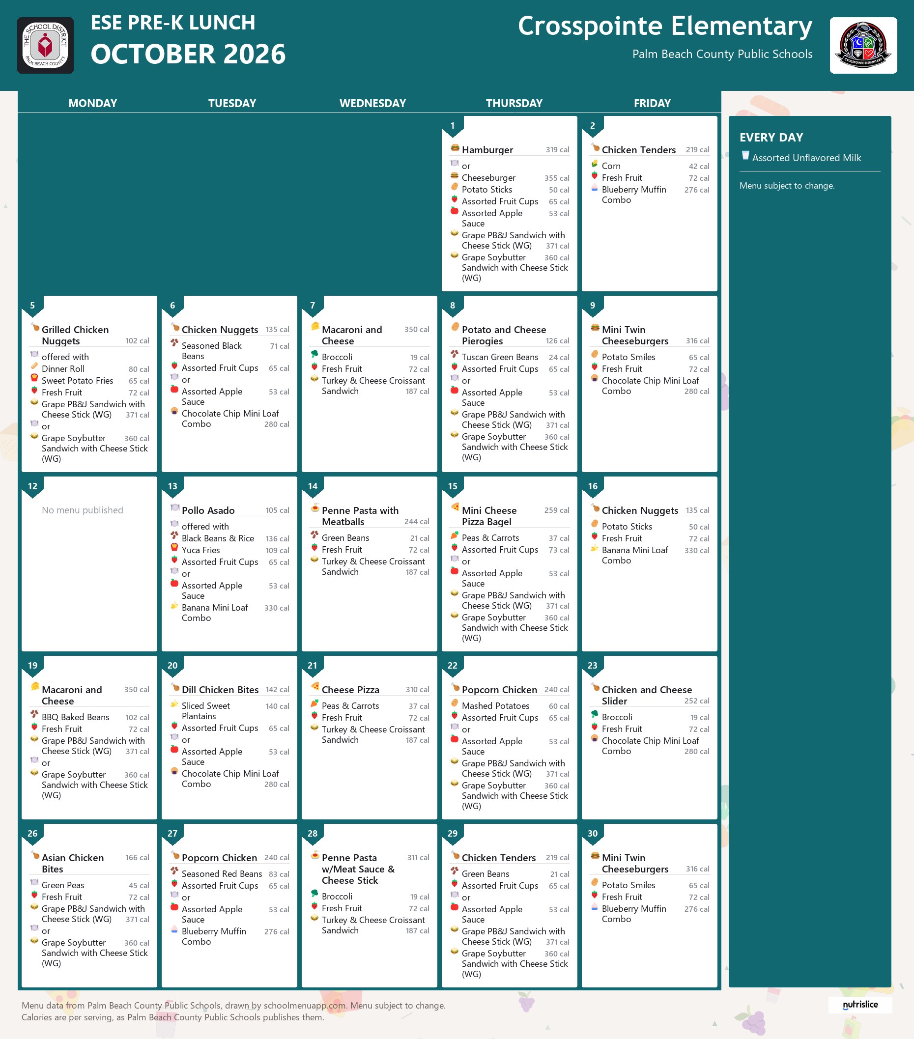 Crosspointe Elementary ese pre-k lunch menu for October 2026, Palm Beach County Public Schools