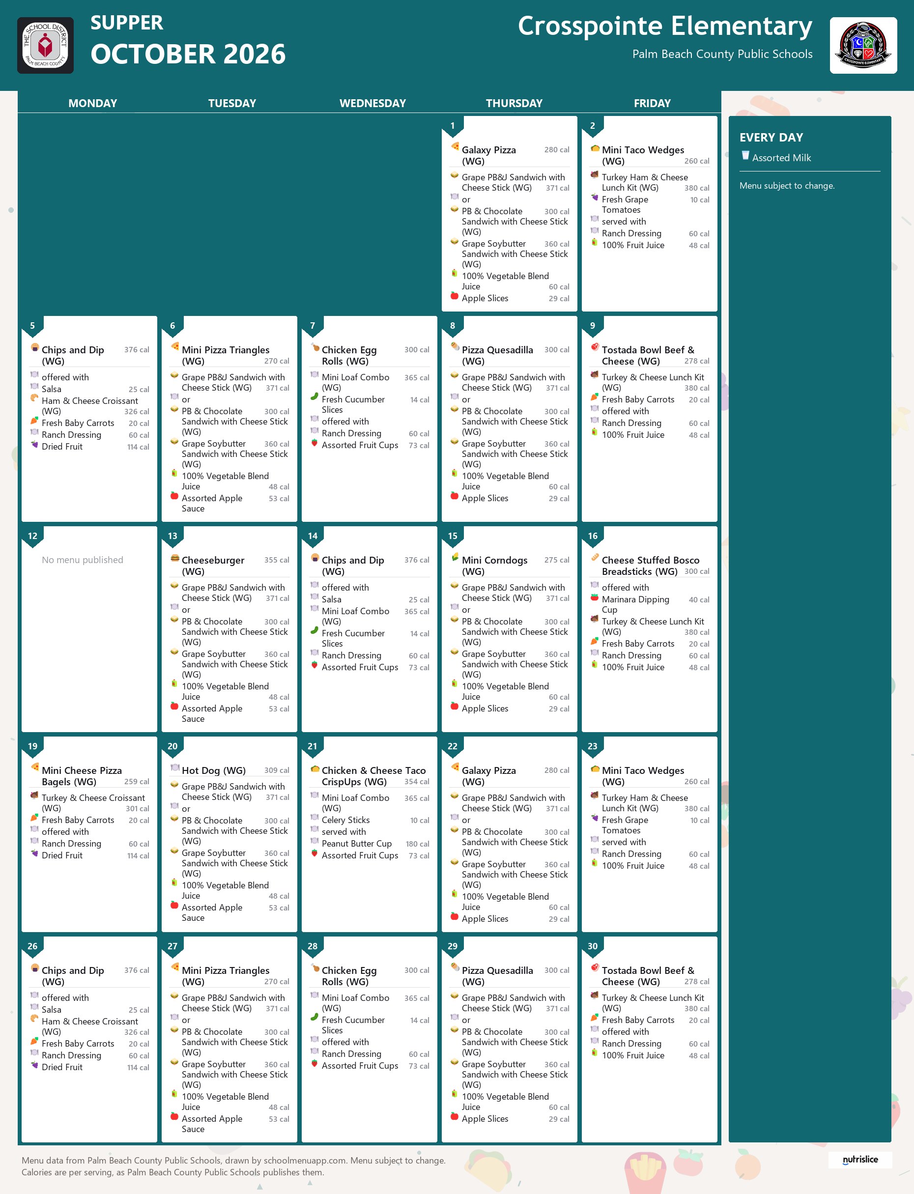 Crosspointe Elementary supper menu for October 2026, Palm Beach County Public Schools
