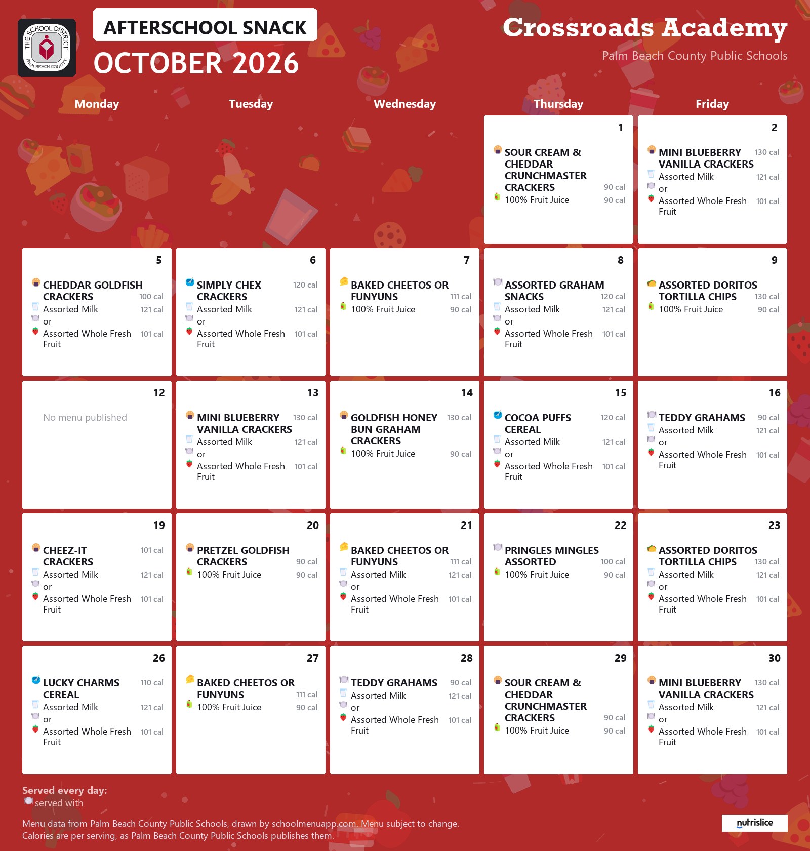 Crossroads Academy afterschool snack menu for October 2026, Palm Beach County Public Schools