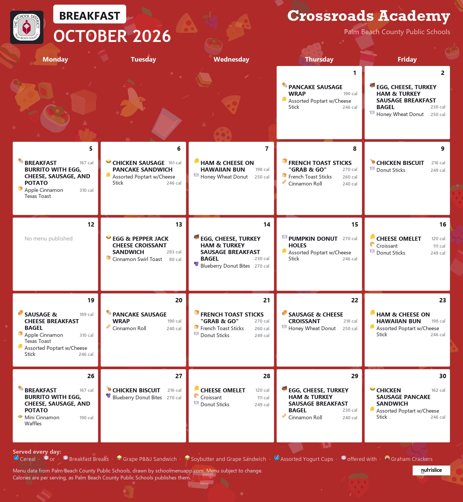 Crossroads Academy breakfast menu for October 2026, Palm Beach County Public Schools