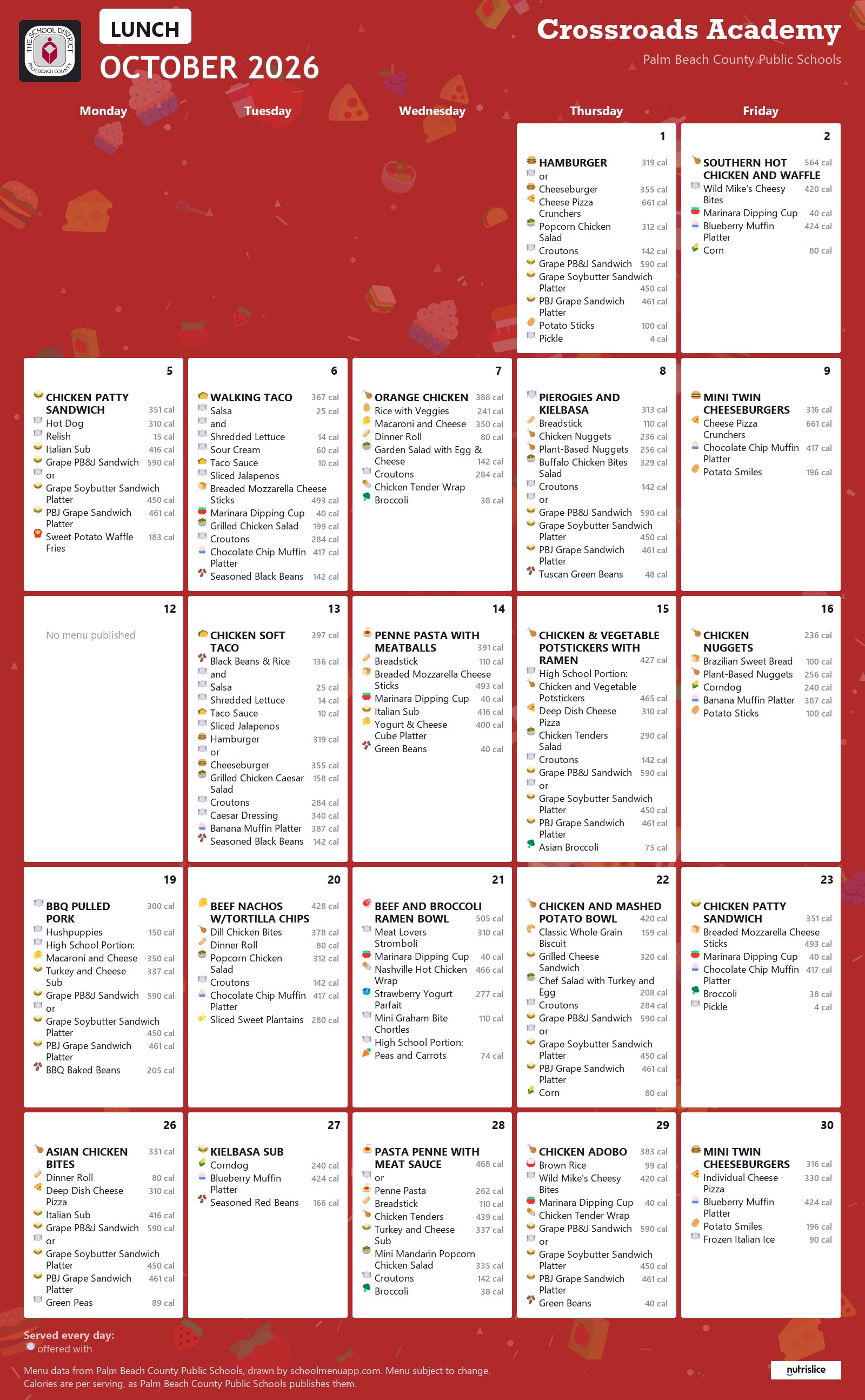 Crossroads Academy lunch menu for October 2026, Palm Beach County Public Schools