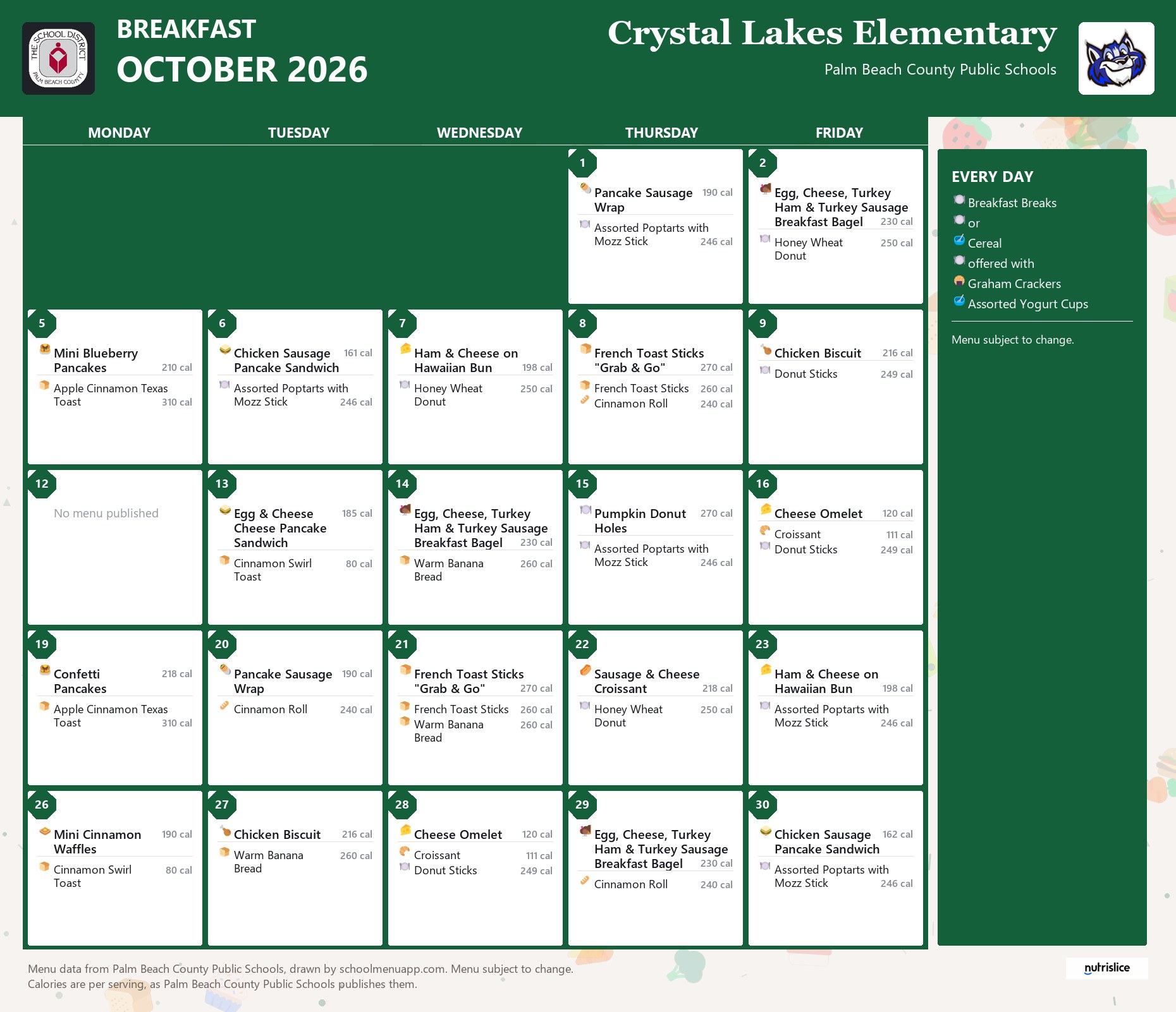 Crystal Lakes Elementary breakfast menu for October 2026, Palm Beach County Public Schools