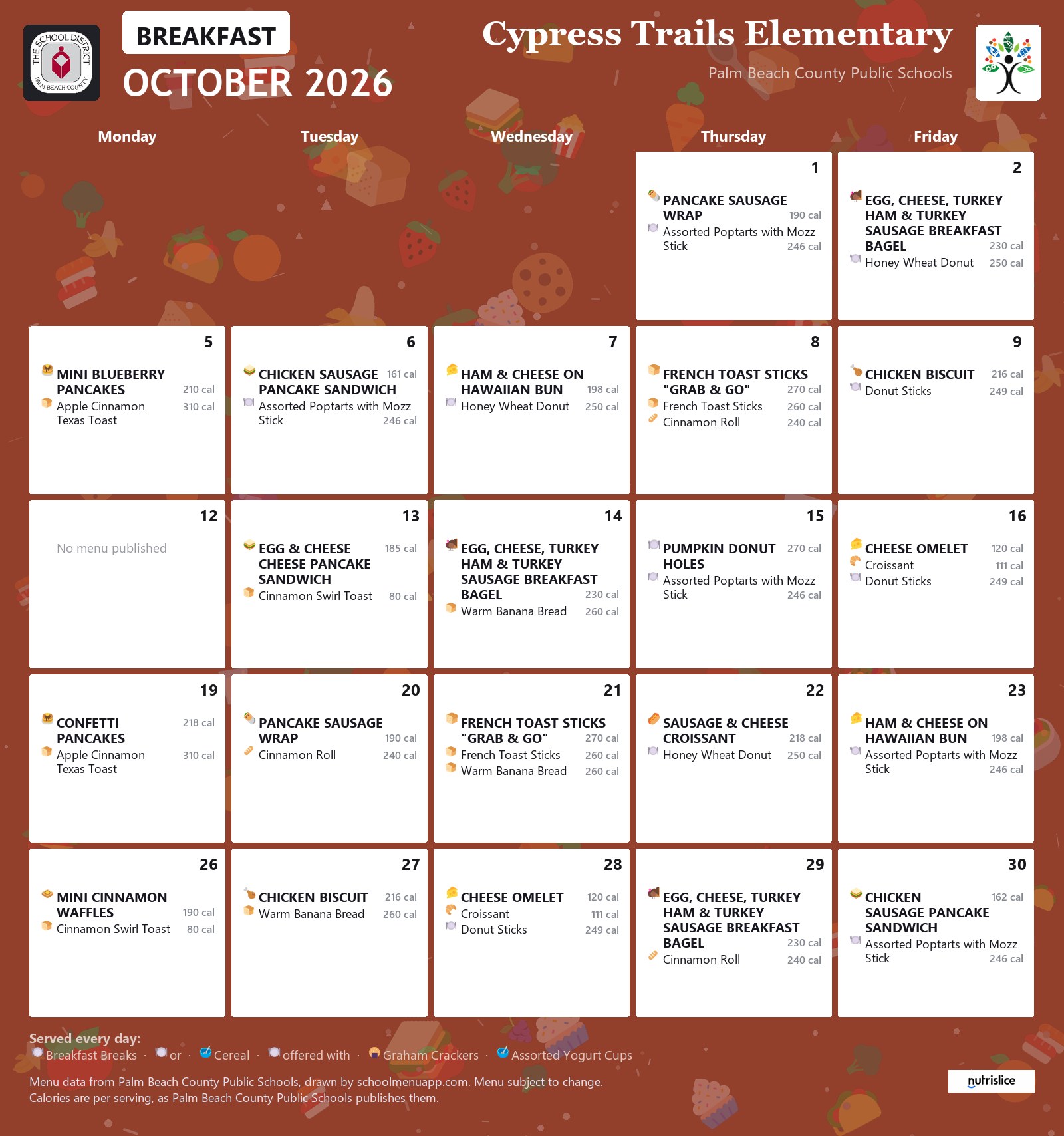 Cypress Trails Elementary breakfast menu for October 2026, Palm Beach County Public Schools