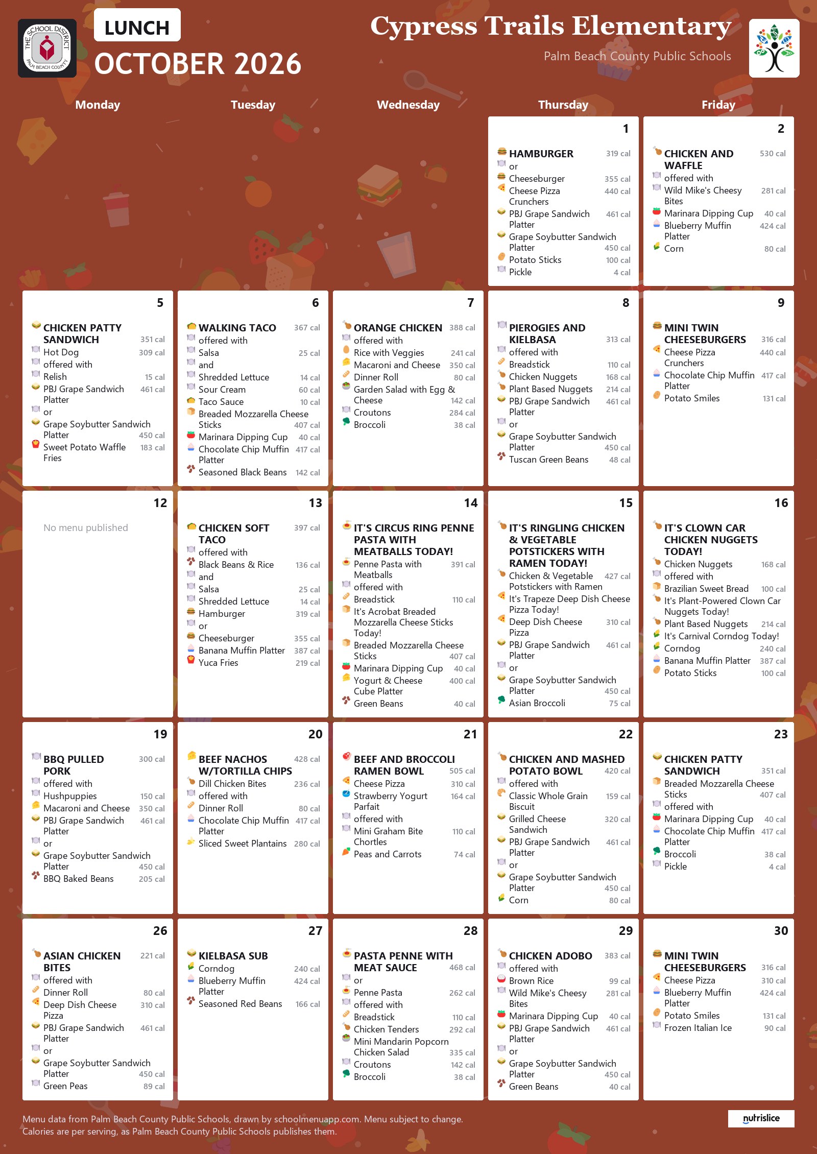 Cypress Trails Elementary lunch menu for October 2026, Palm Beach County Public Schools