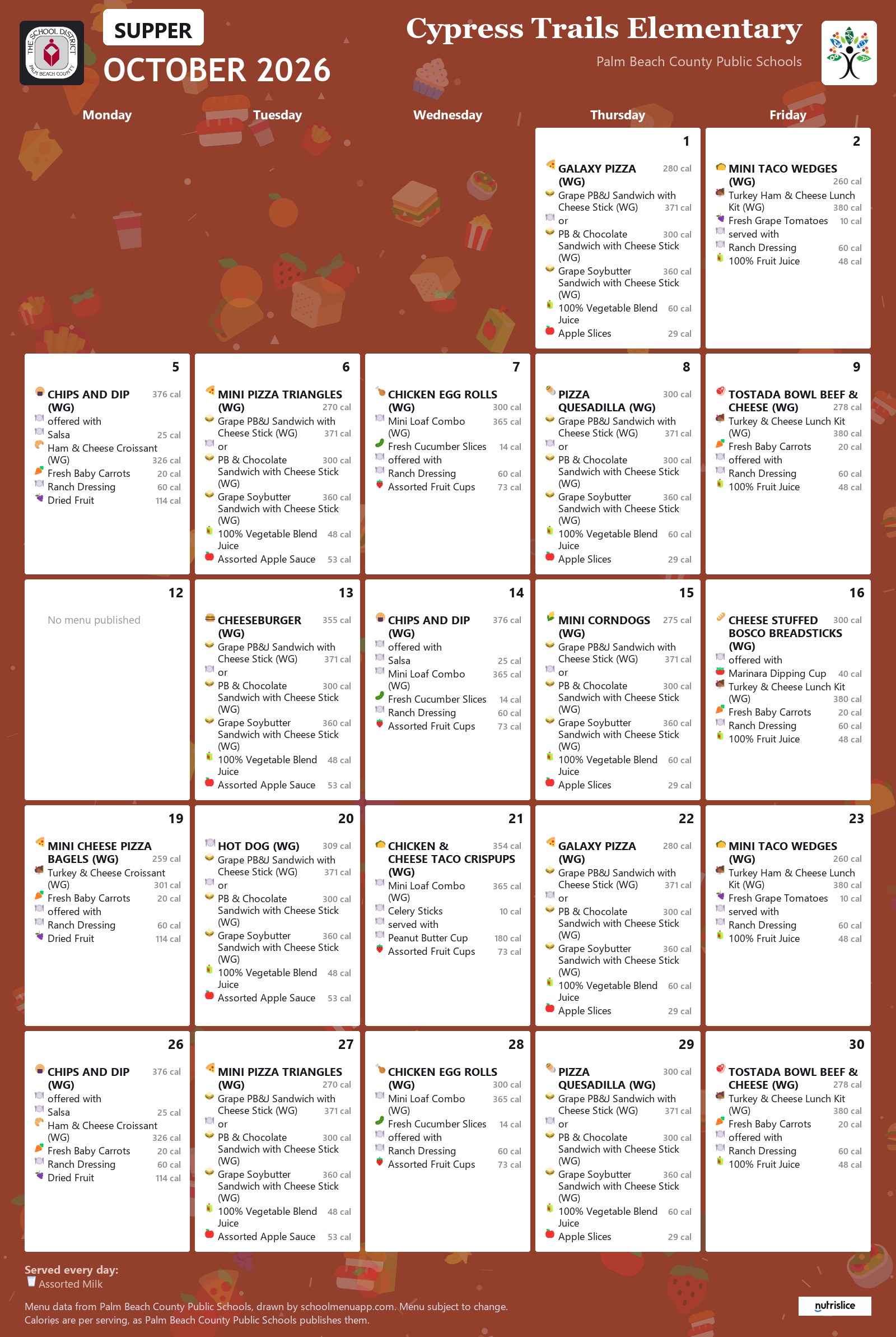 Cypress Trails Elementary supper menu for October 2026, Palm Beach County Public Schools