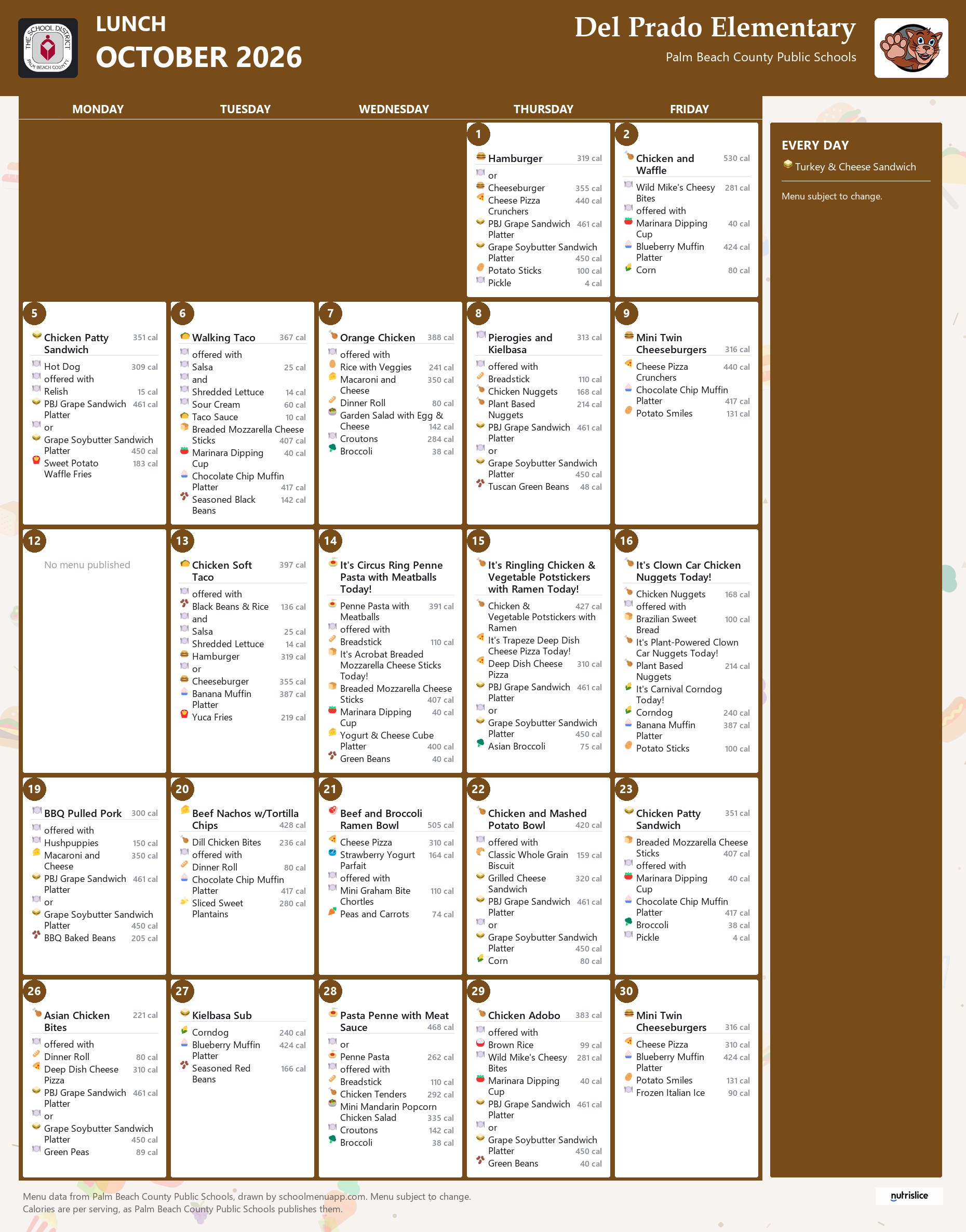 Del Prado Elementary lunch menu for October 2026, Palm Beach County Public Schools