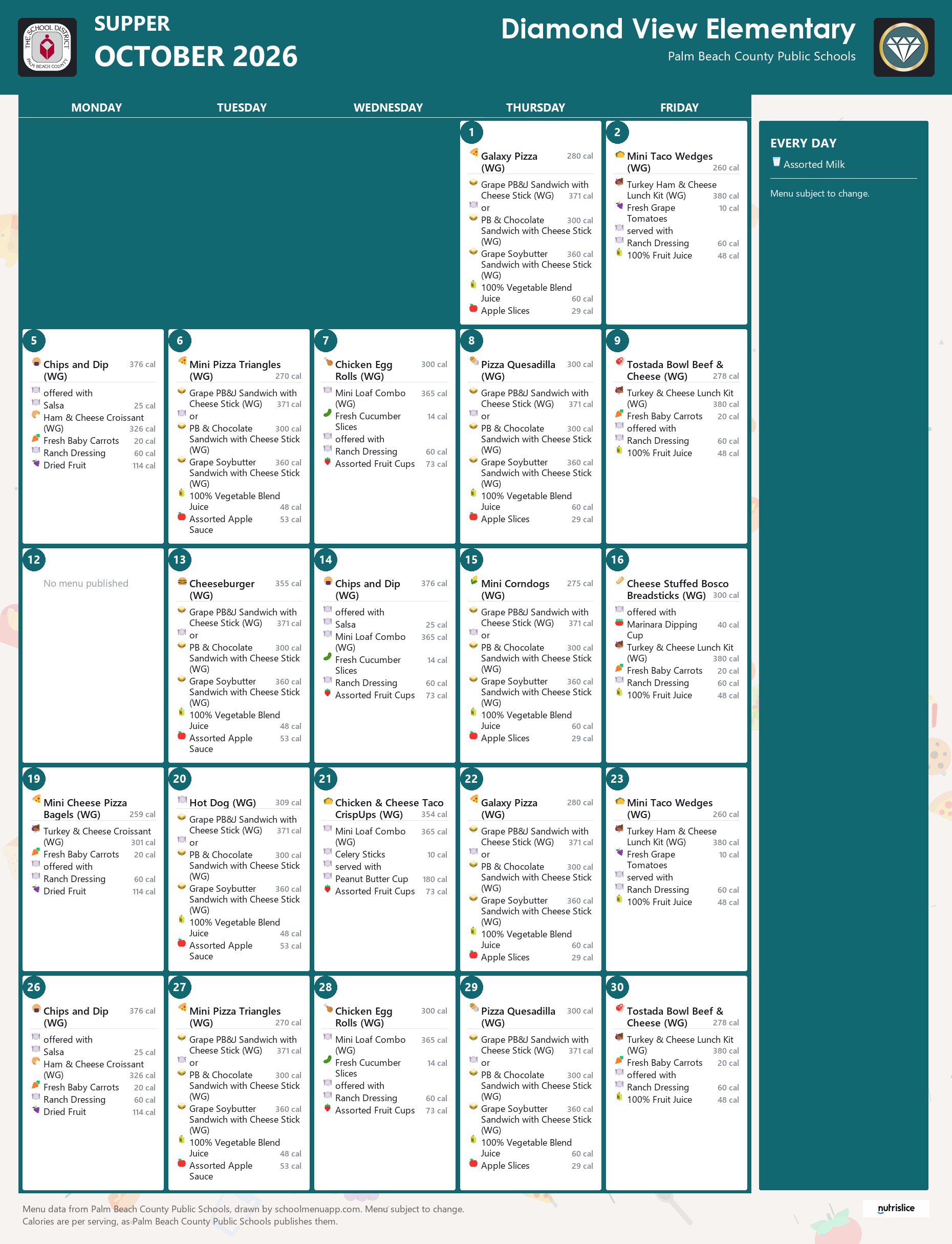 Diamond View Elementary supper menu for October 2026, Palm Beach County Public Schools