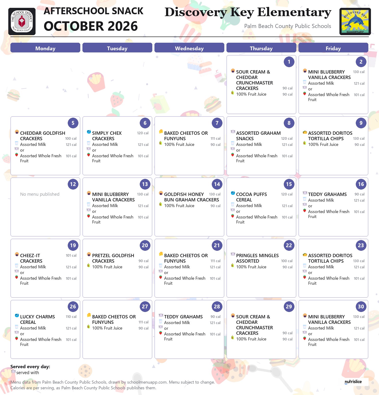 Discovery Key Elementary afterschool snack menu for October 2026, Palm Beach County Public Schools