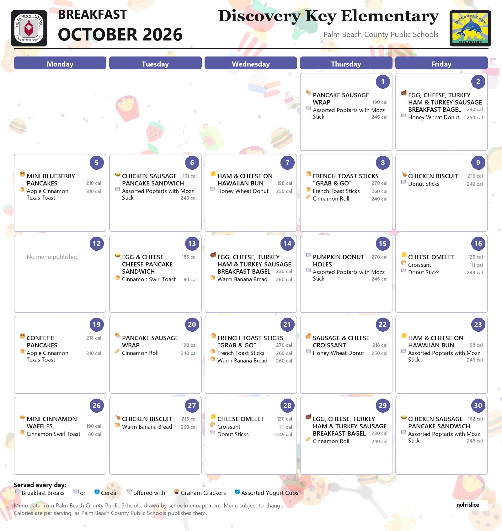Discovery Key Elementary breakfast menu for October 2026, Palm Beach County Public Schools