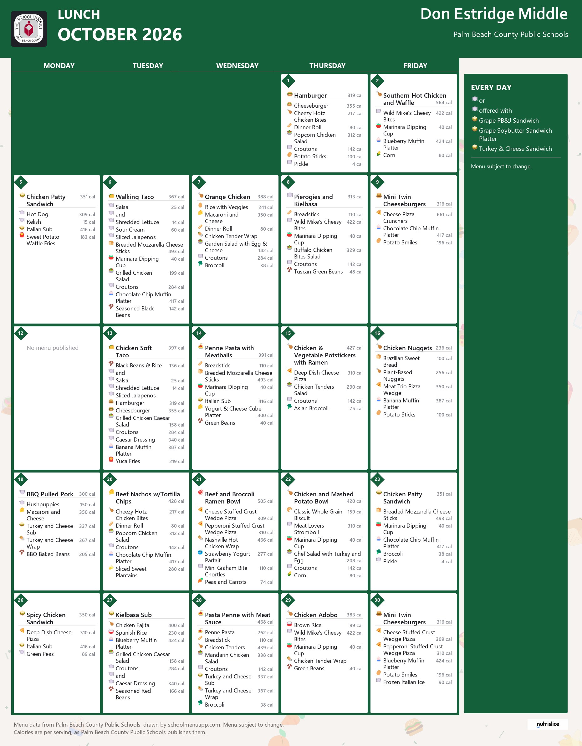 Don Estridge Middle lunch menu for October 2026, Palm Beach County Public Schools