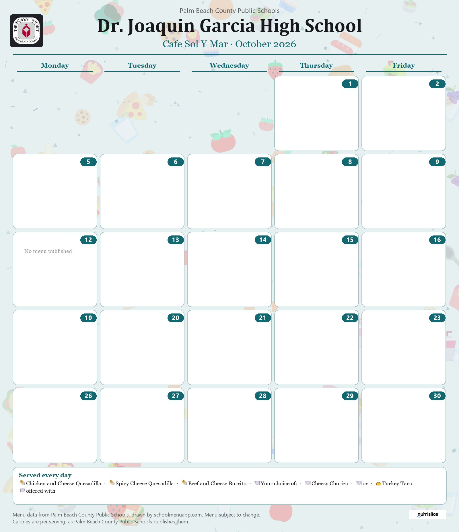 Dr. Joaquin Garcia High School cafe sol y mar menu for October 2026, Palm Beach County Public Schools