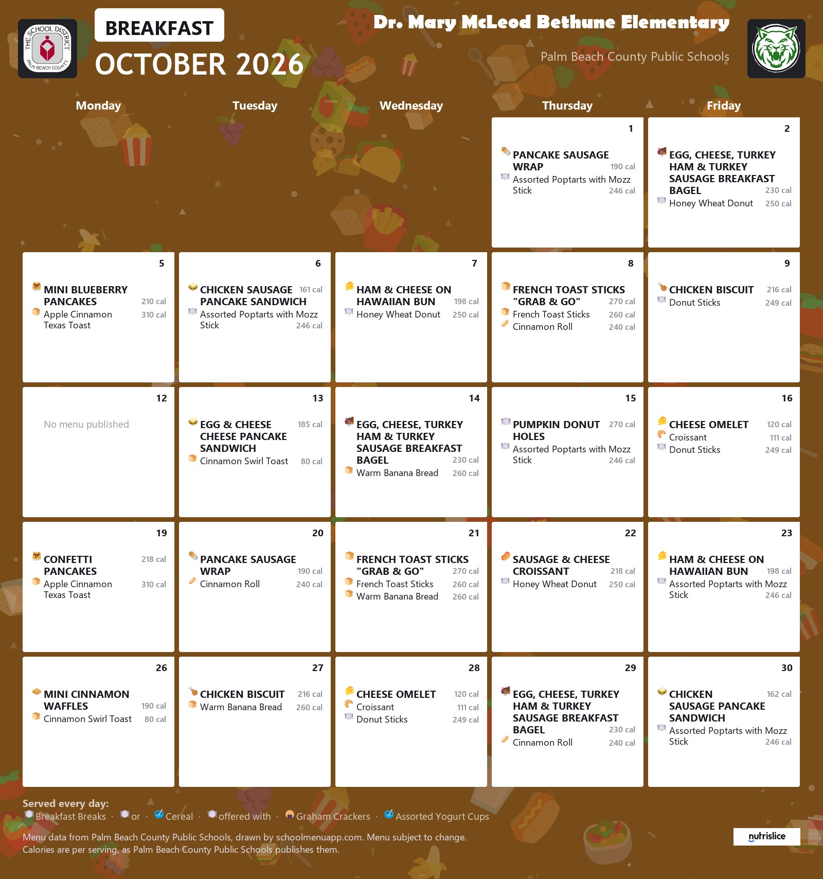 Dr. Mary McLeod Bethune Elementary breakfast menu for October 2026, Palm Beach County Public Schools
