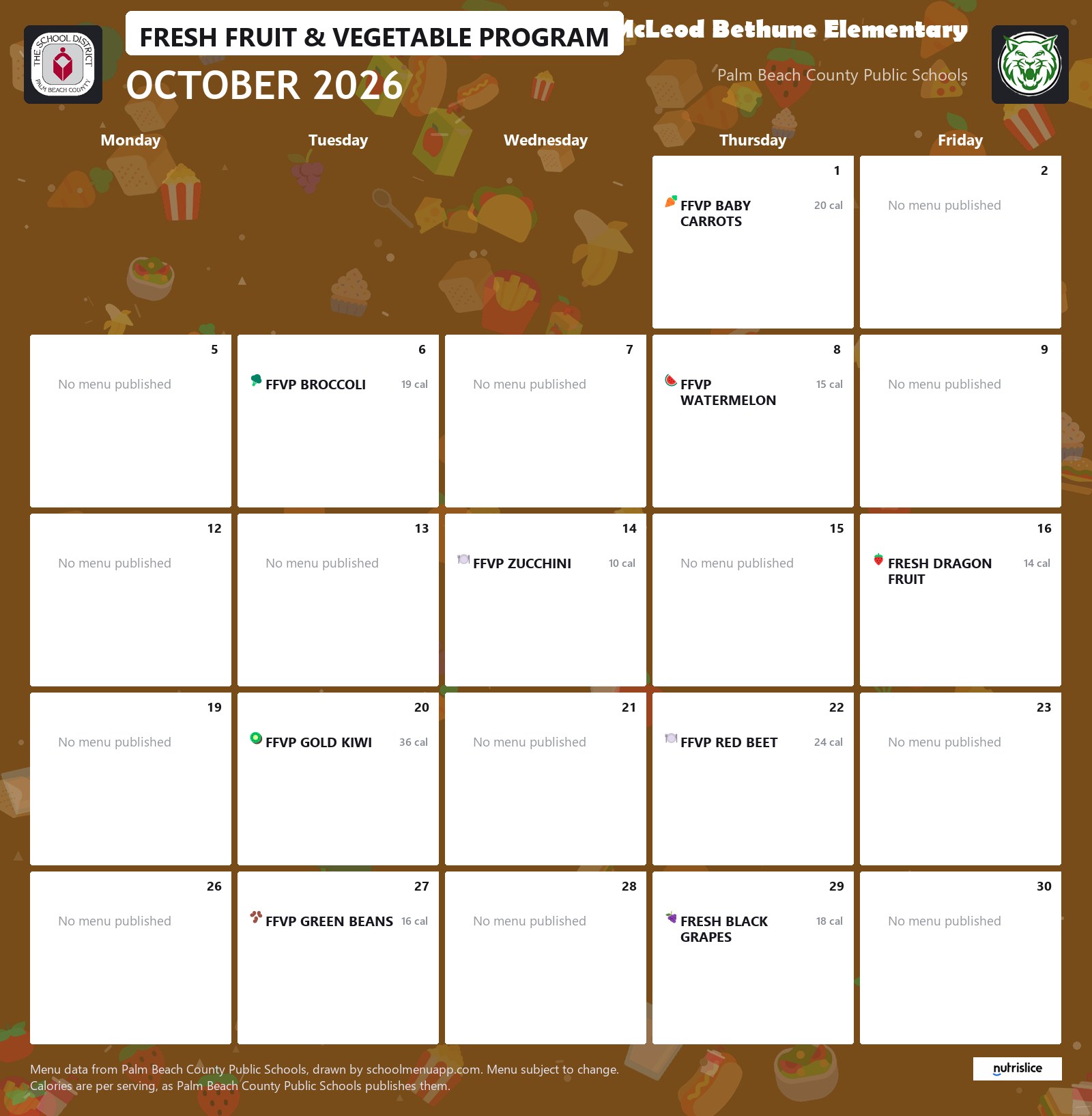 Dr. Mary McLeod Bethune Elementary fresh fruit & vegetable program menu for October 2026, Palm Beach County Public Schools