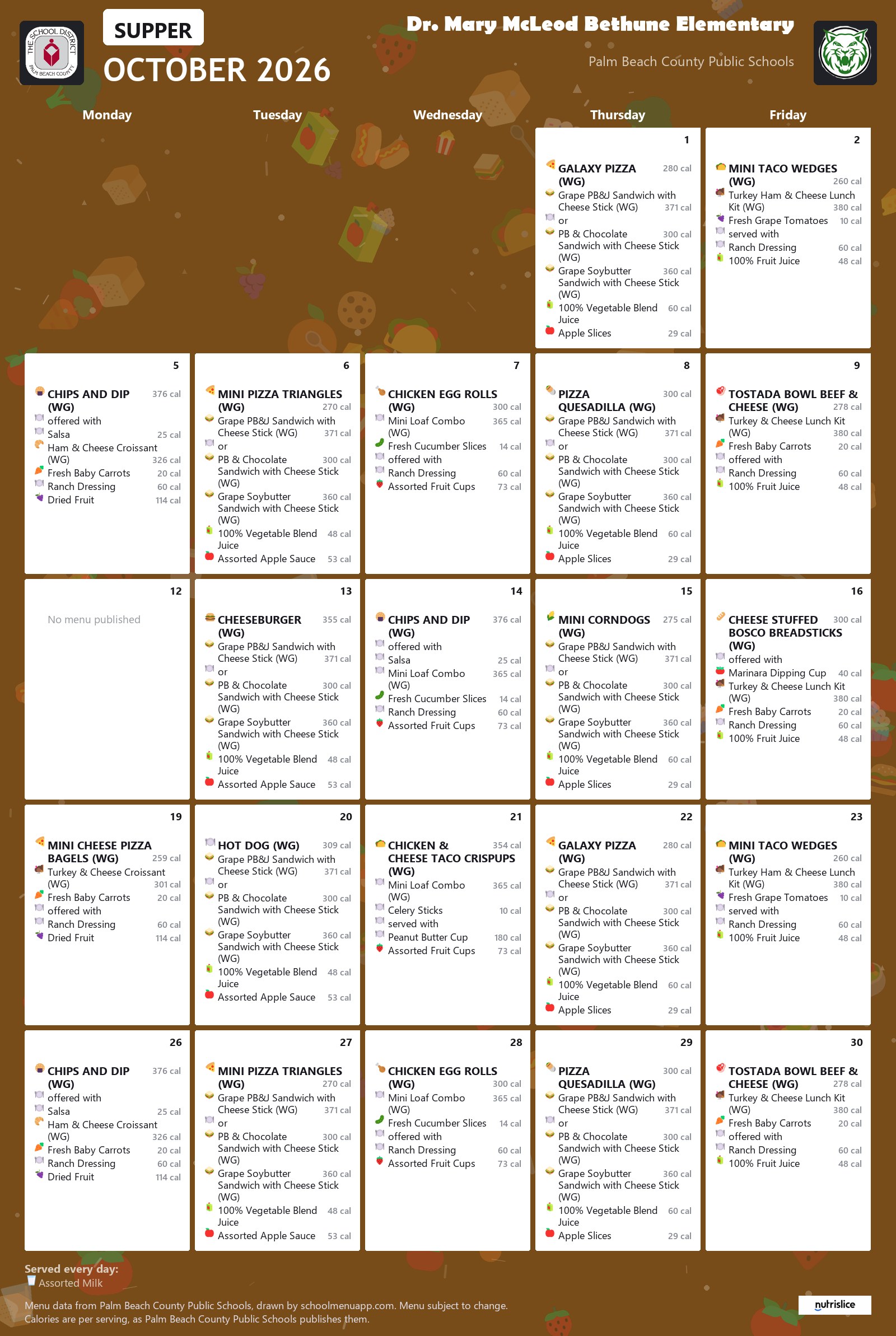 Dr. Mary McLeod Bethune Elementary supper menu for October 2026, Palm Beach County Public Schools
