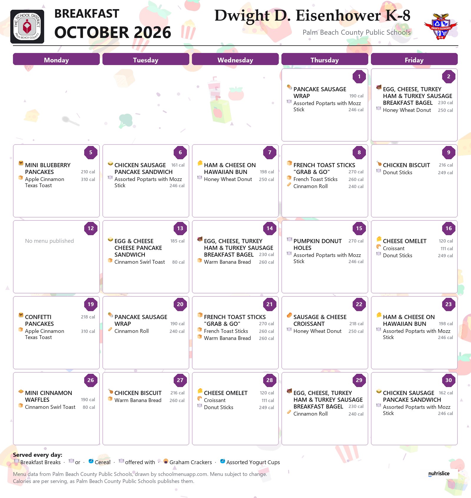 Dwight D. Eisenhower K-8 breakfast menu for October 2026, Palm Beach County Public Schools