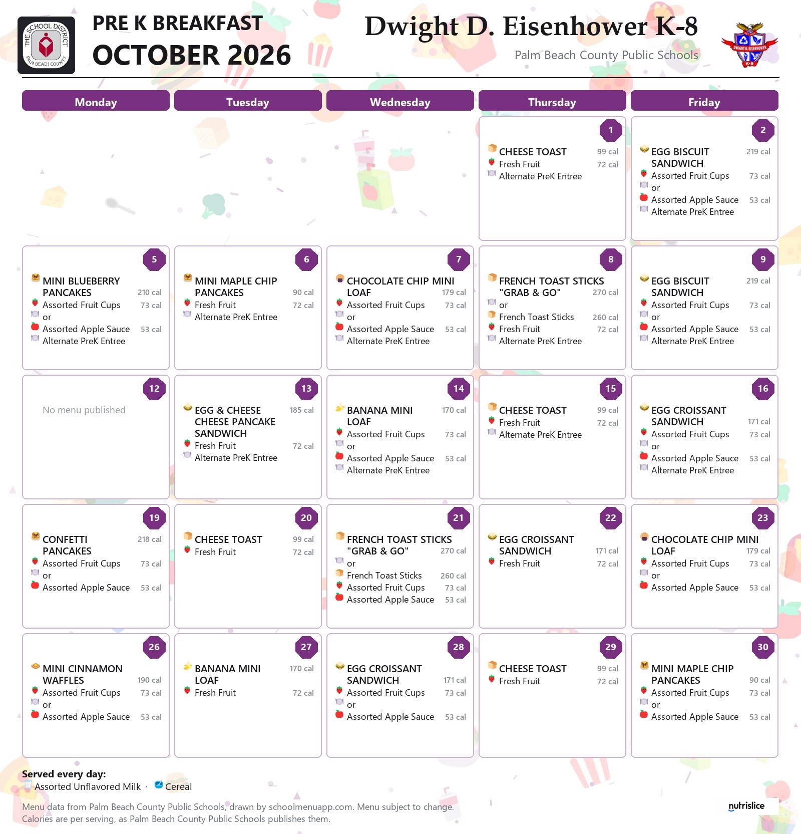 Dwight D. Eisenhower K-8 pre k breakfast menu for October 2026, Palm Beach County Public Schools