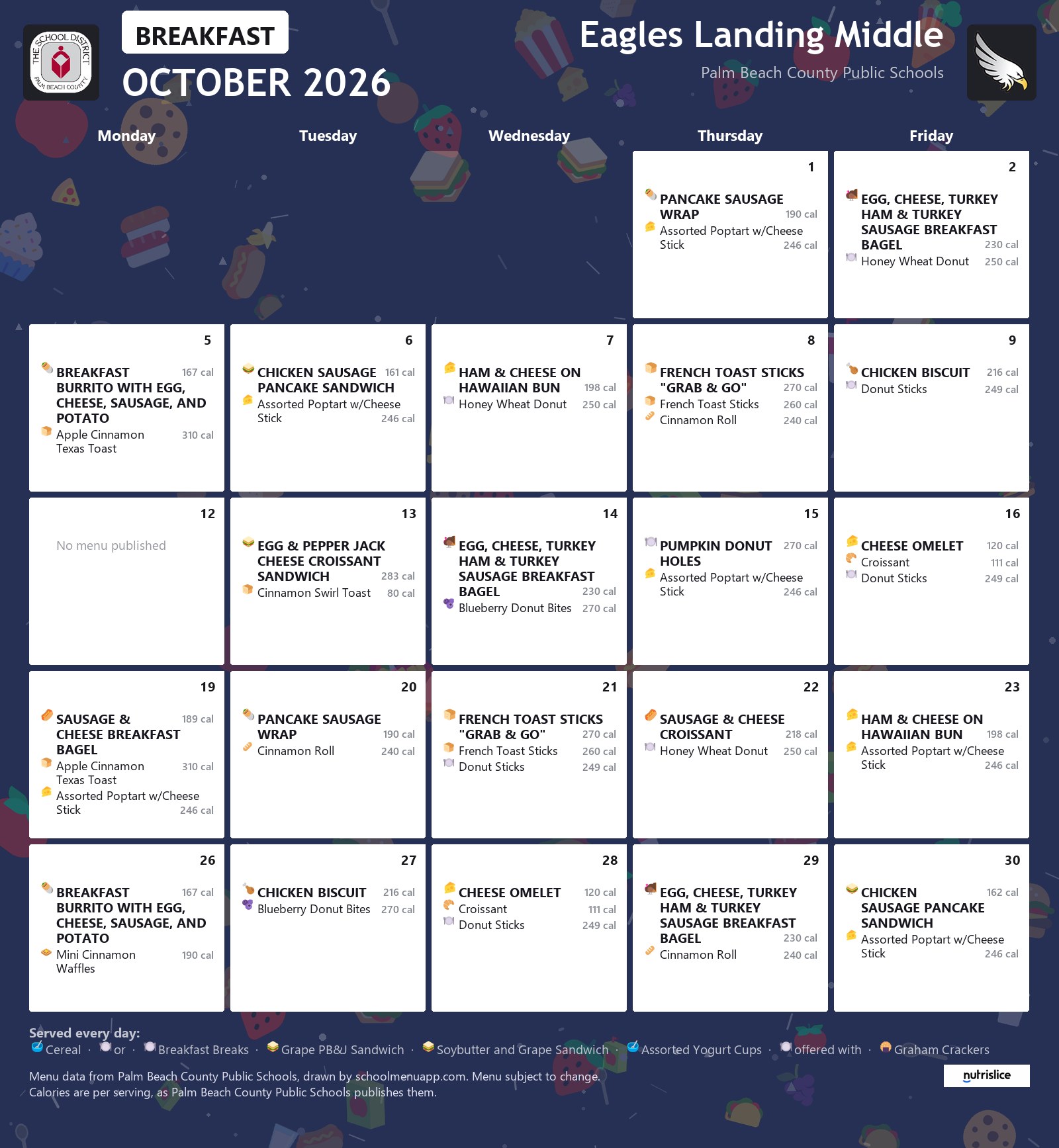 Eagles Landing Middle breakfast menu for October 2026, Palm Beach County Public Schools