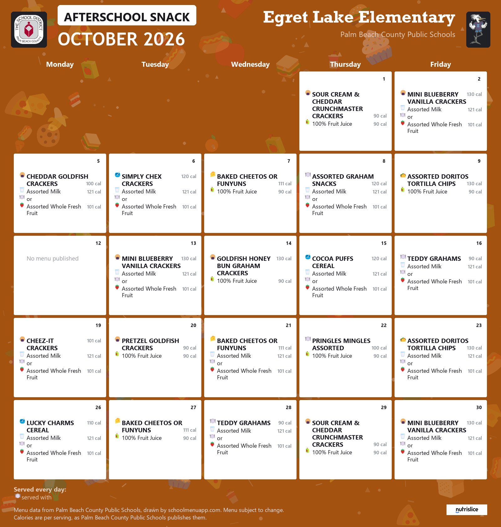 Egret Lake Elementary afterschool snack menu for October 2026, Palm Beach County Public Schools