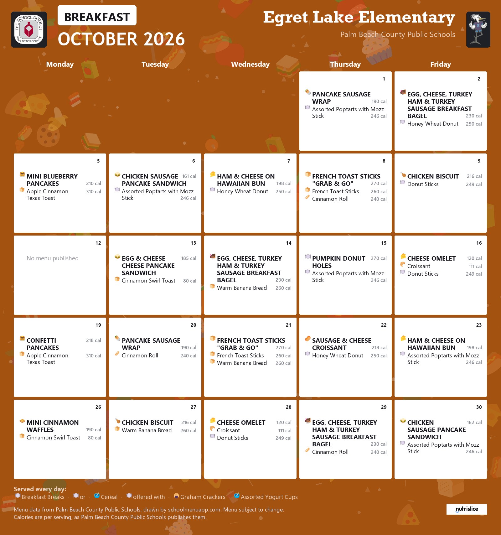 Egret Lake Elementary breakfast menu for October 2026, Palm Beach County Public Schools